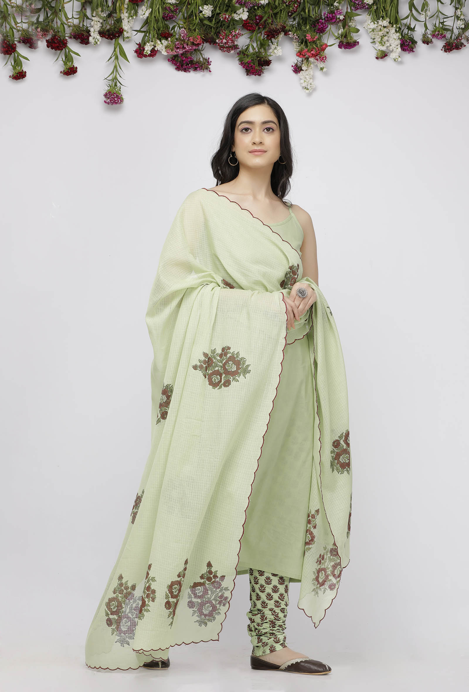 Light Green Kota Hand-Block Printed Dupatta with a scalping finish