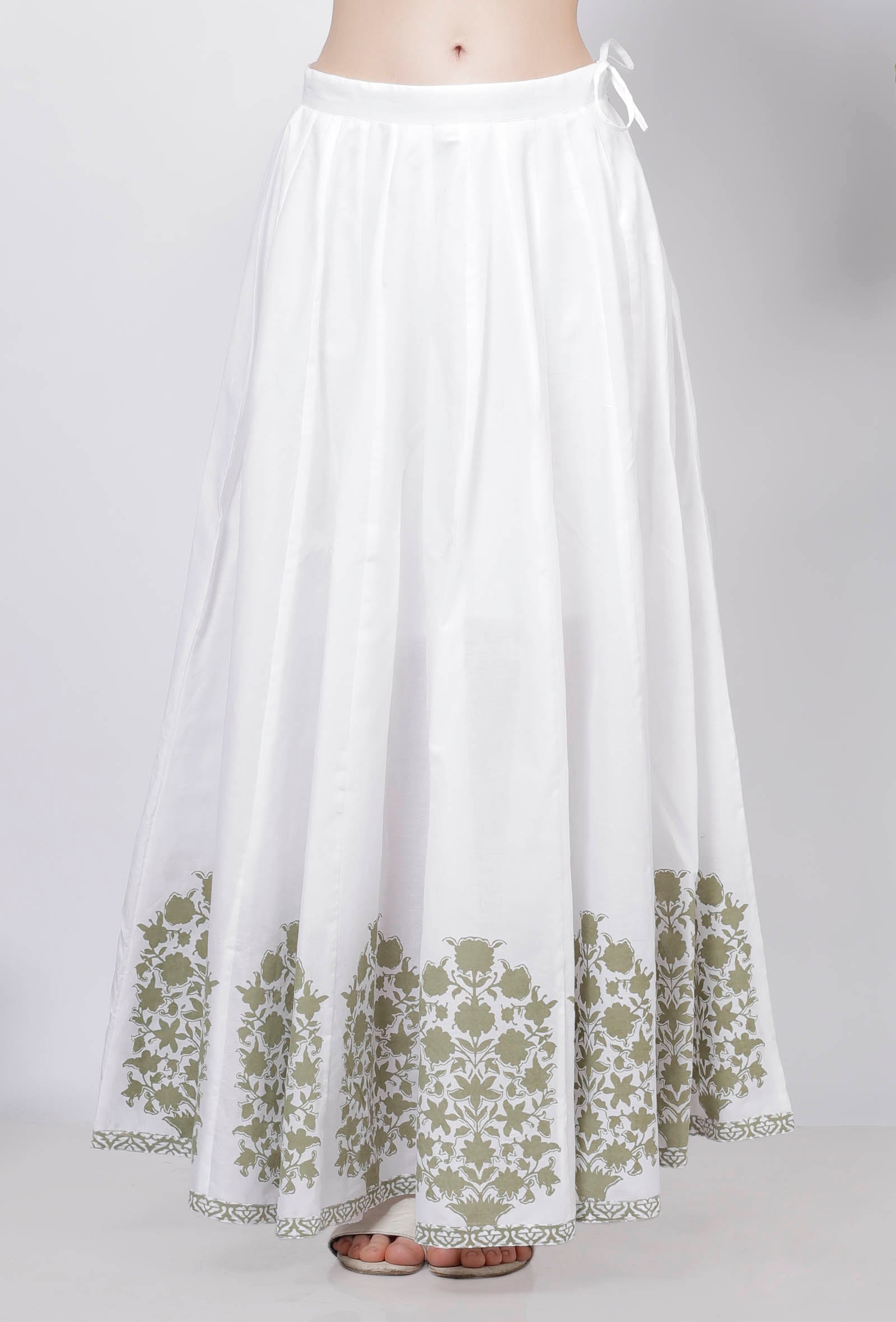 Sage Green Floral Hand-Block Printed Cotton Kali Skirt