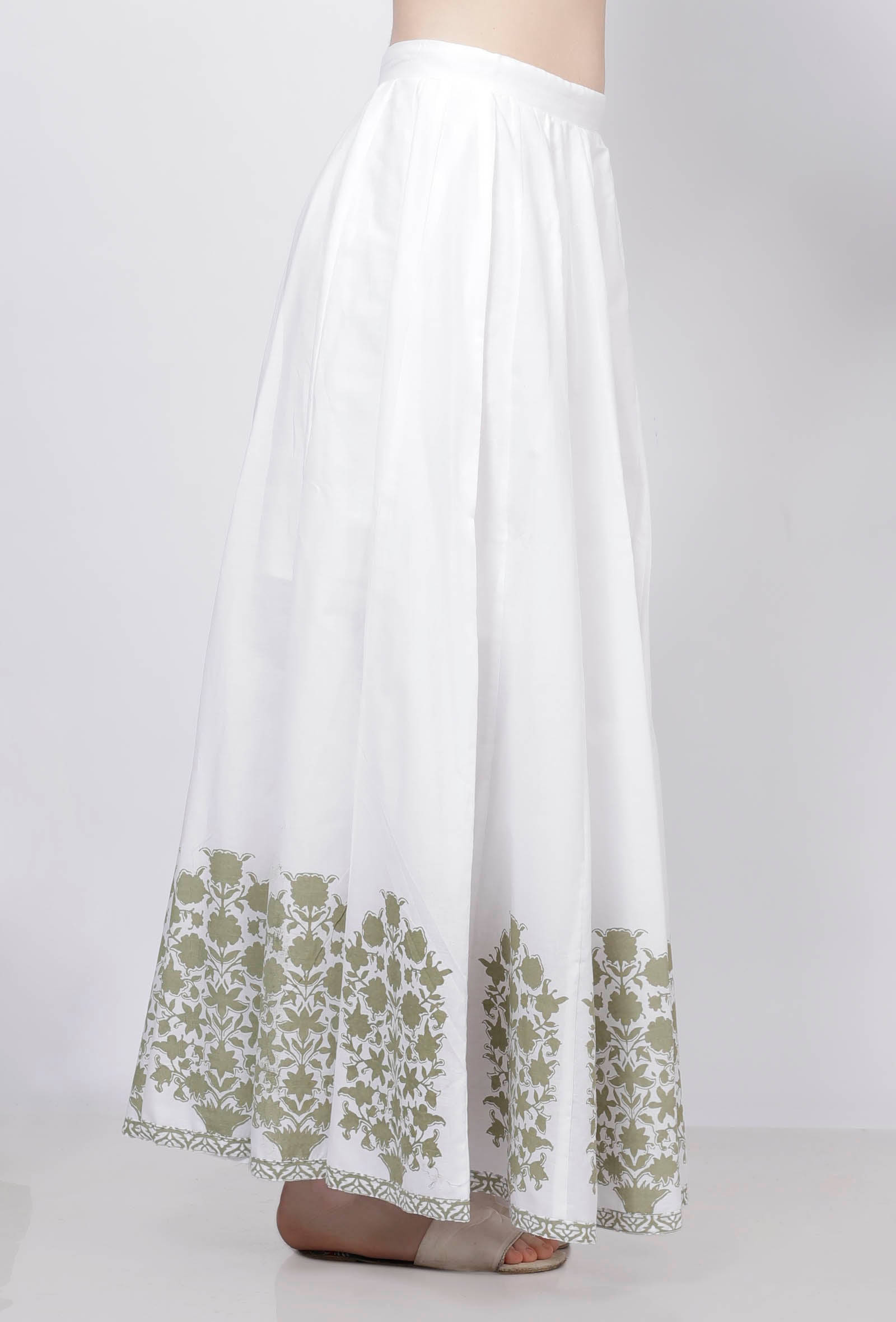 Sage Green Floral Hand-Block Printed Cotton Kali Skirt