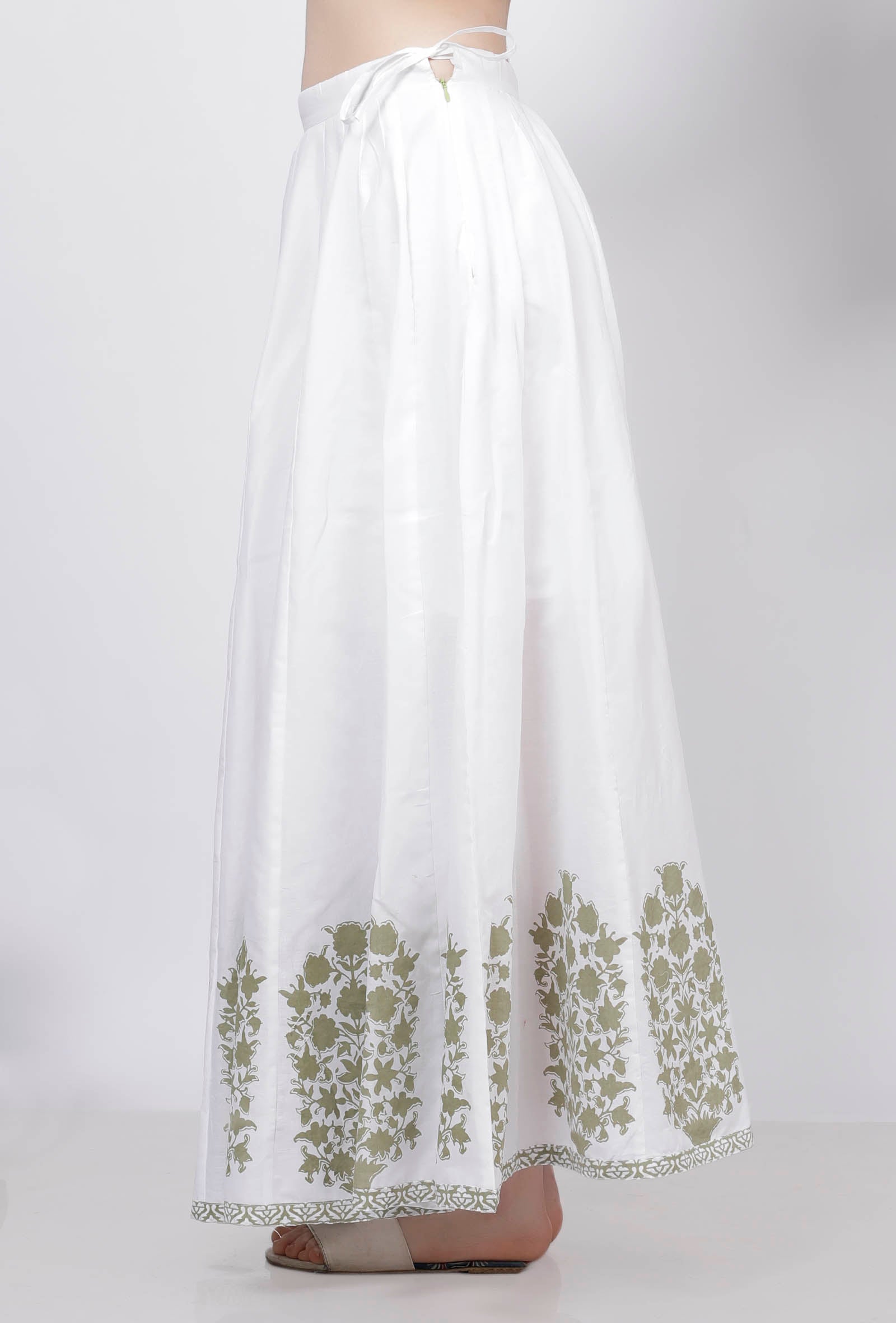 Sage Green Floral Hand-Block Printed Cotton Kali Skirt