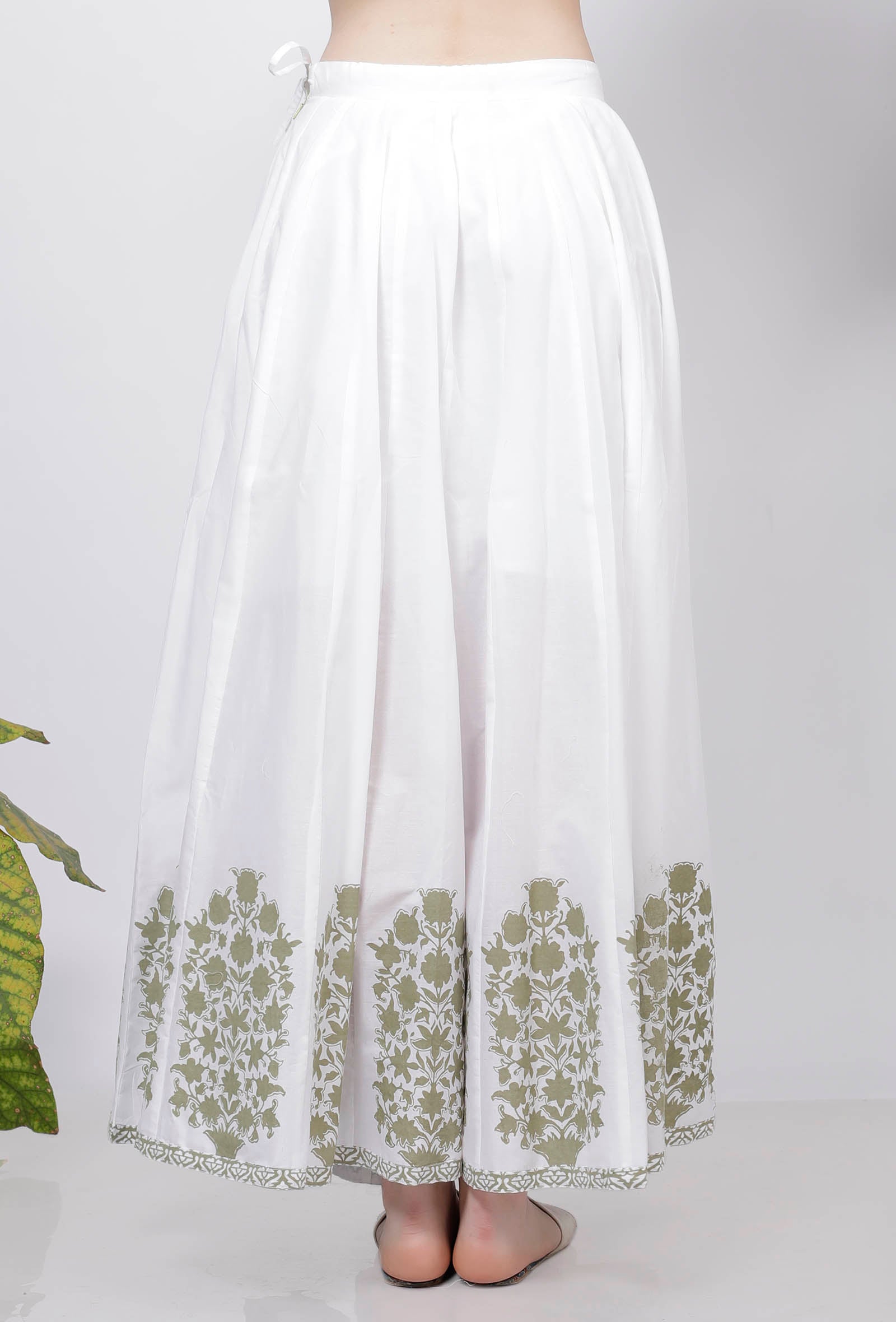 Sage Green Floral Hand-Block Printed Cotton Kali Skirt