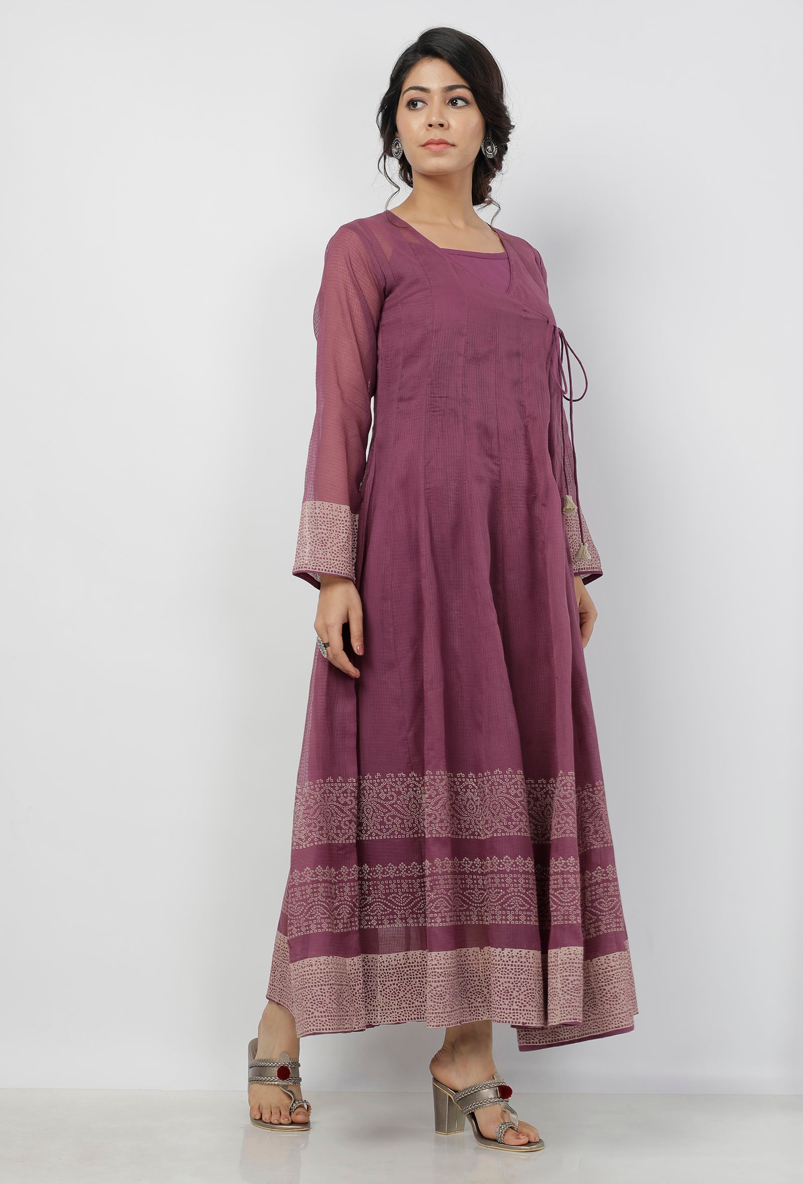 Iya Purple Motifs Pattern Hand-Block Printed Kota Kali Angrakha Anarkali