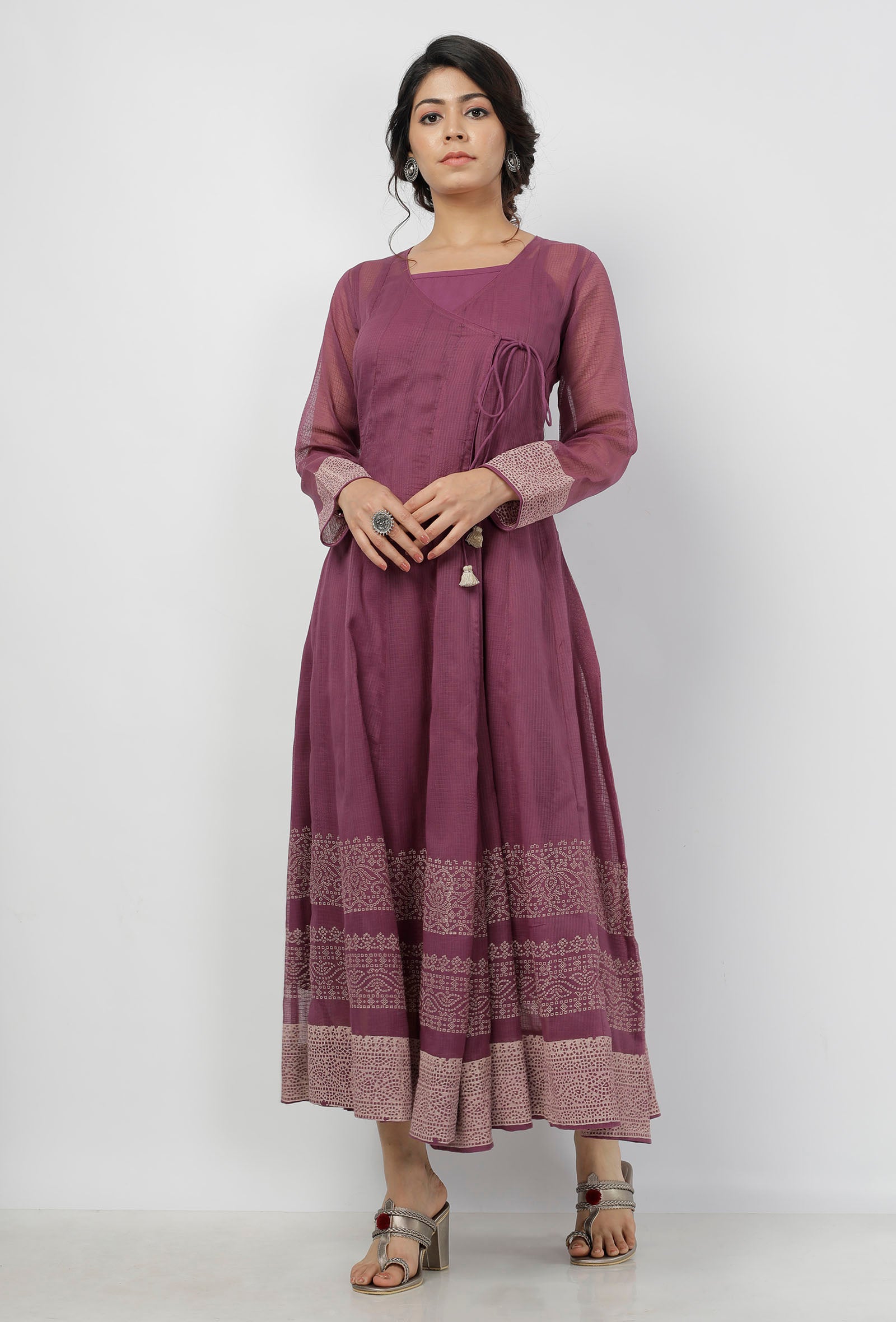 Iya Purple Motifs Pattern Hand-Block Printed Kota Kali Angrakha Anarkali