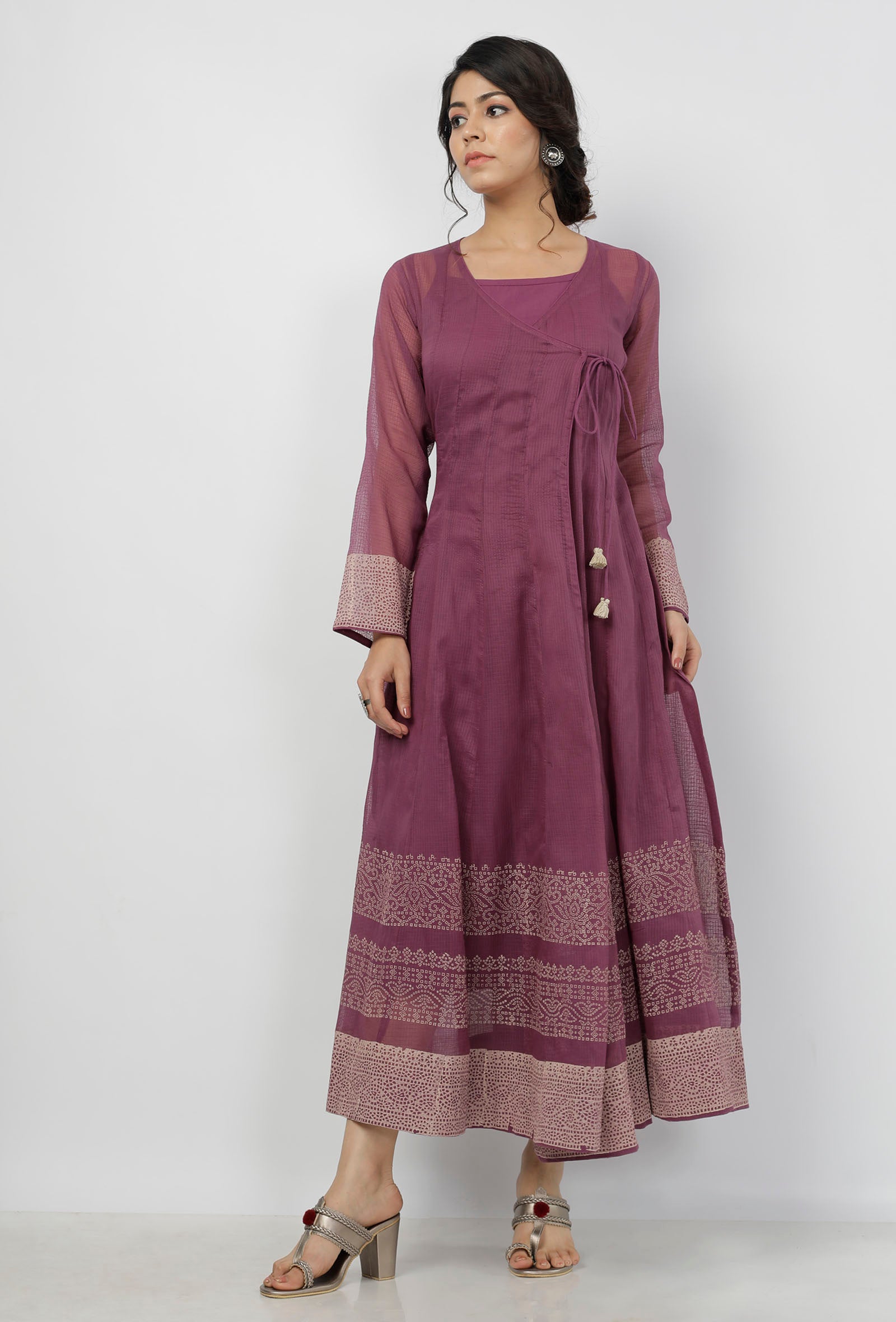 Iya Purple Motifs Pattern Hand-Block Printed Kota Kali Angrakha Anarkali