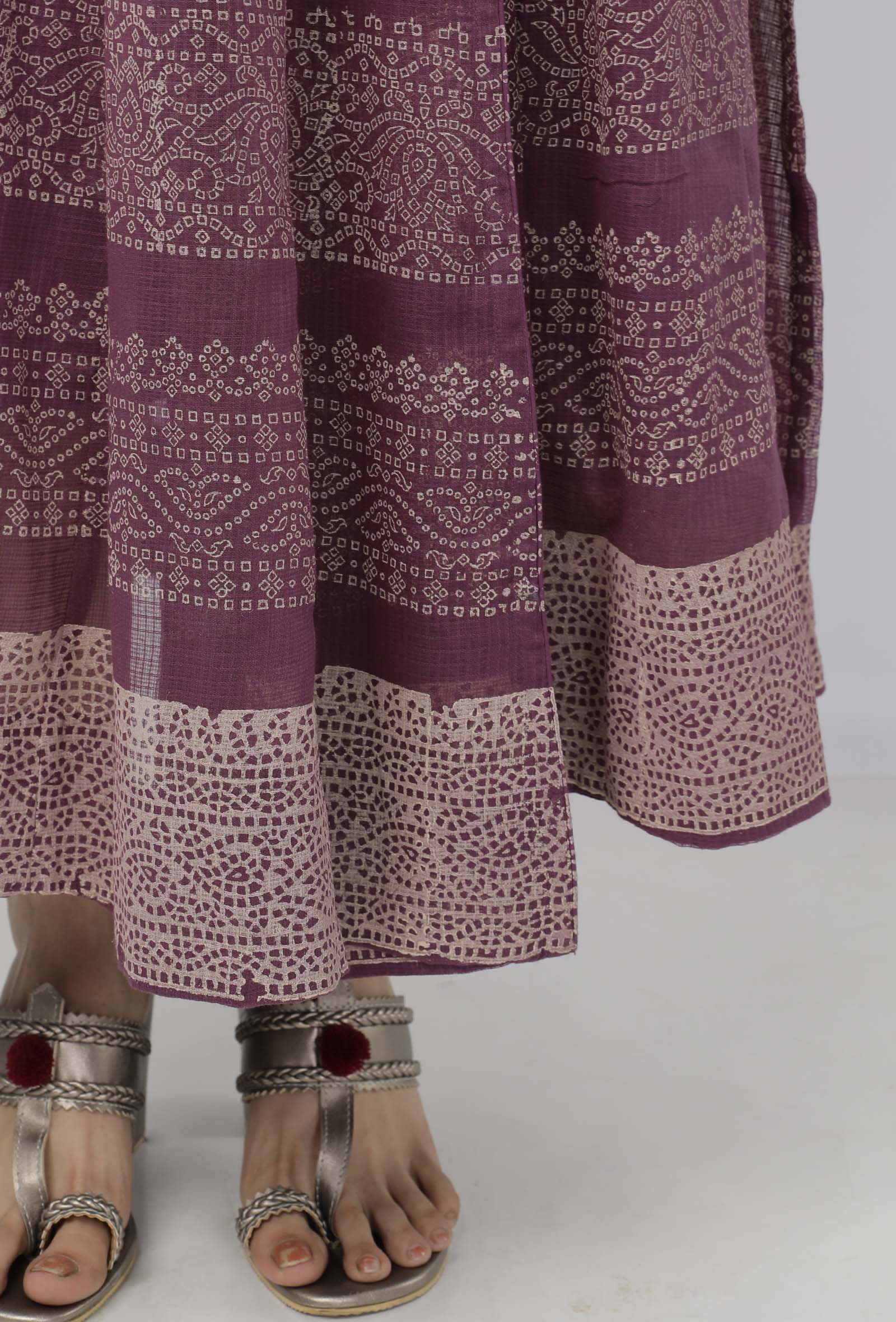 Iya Purple Motifs Pattern Hand-Block Printed Kota Kali Angrakha Anarkali