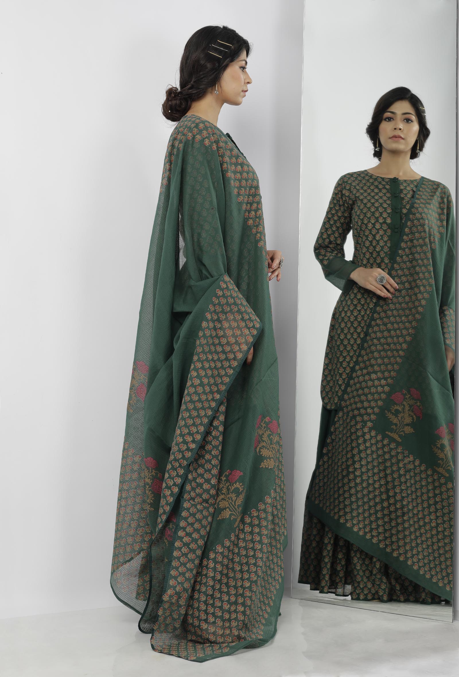 Irvin Bottle Green Floral Hand Block Printed Kota Dupatta