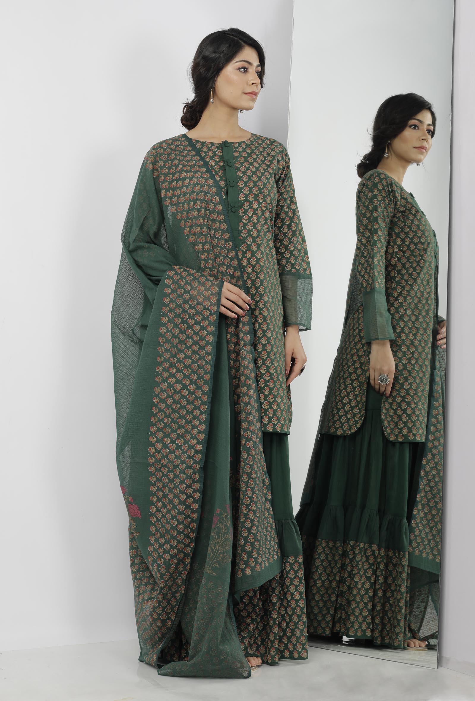 Irvin Bottle Green Floral Hand Block Printed Kota Dupatta
