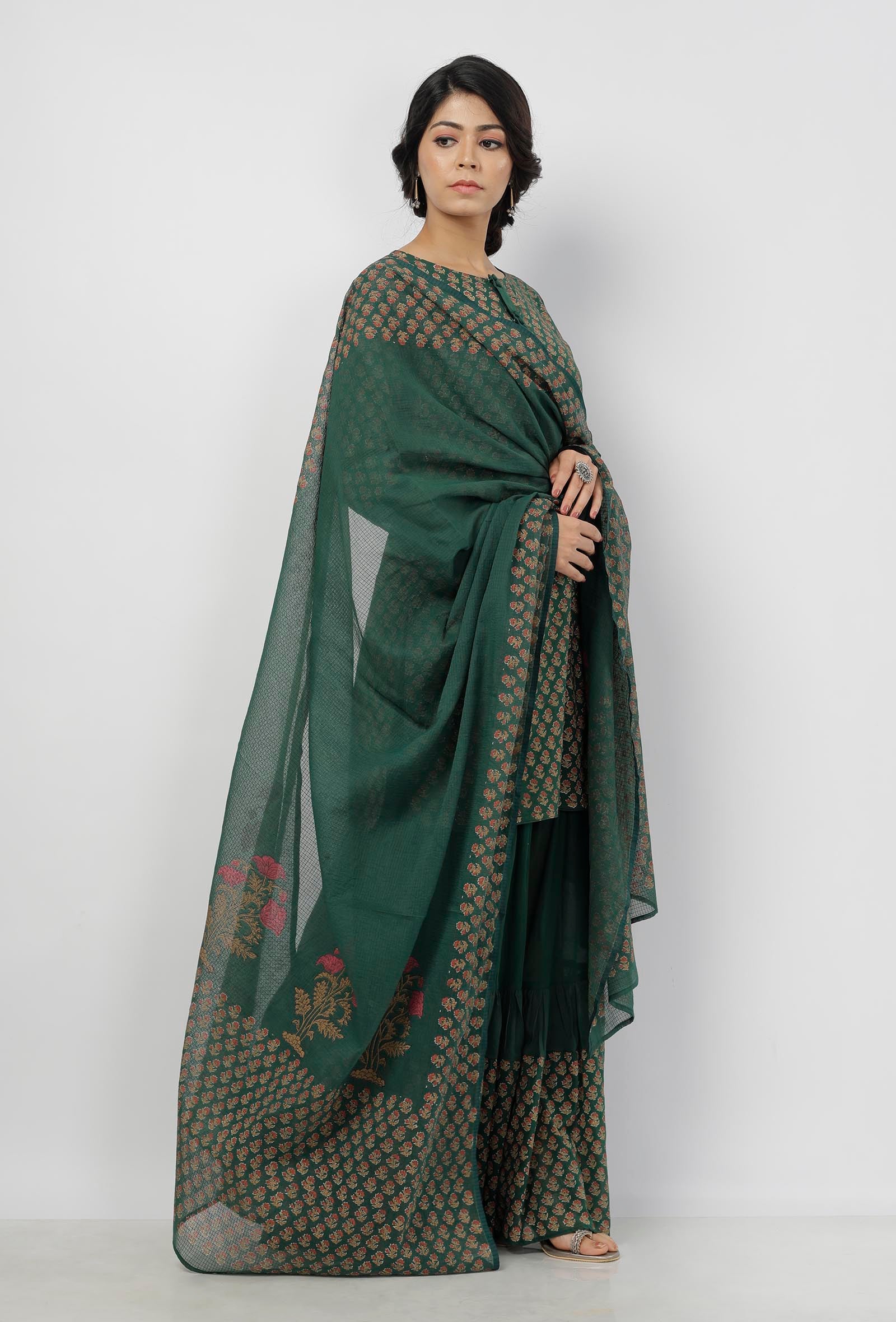 Irvin Bottle Green Floral Hand Block Printed Kota Dupatta