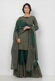 Irvin Bottle Green Floral Hand Block Printed Kota Dupatta