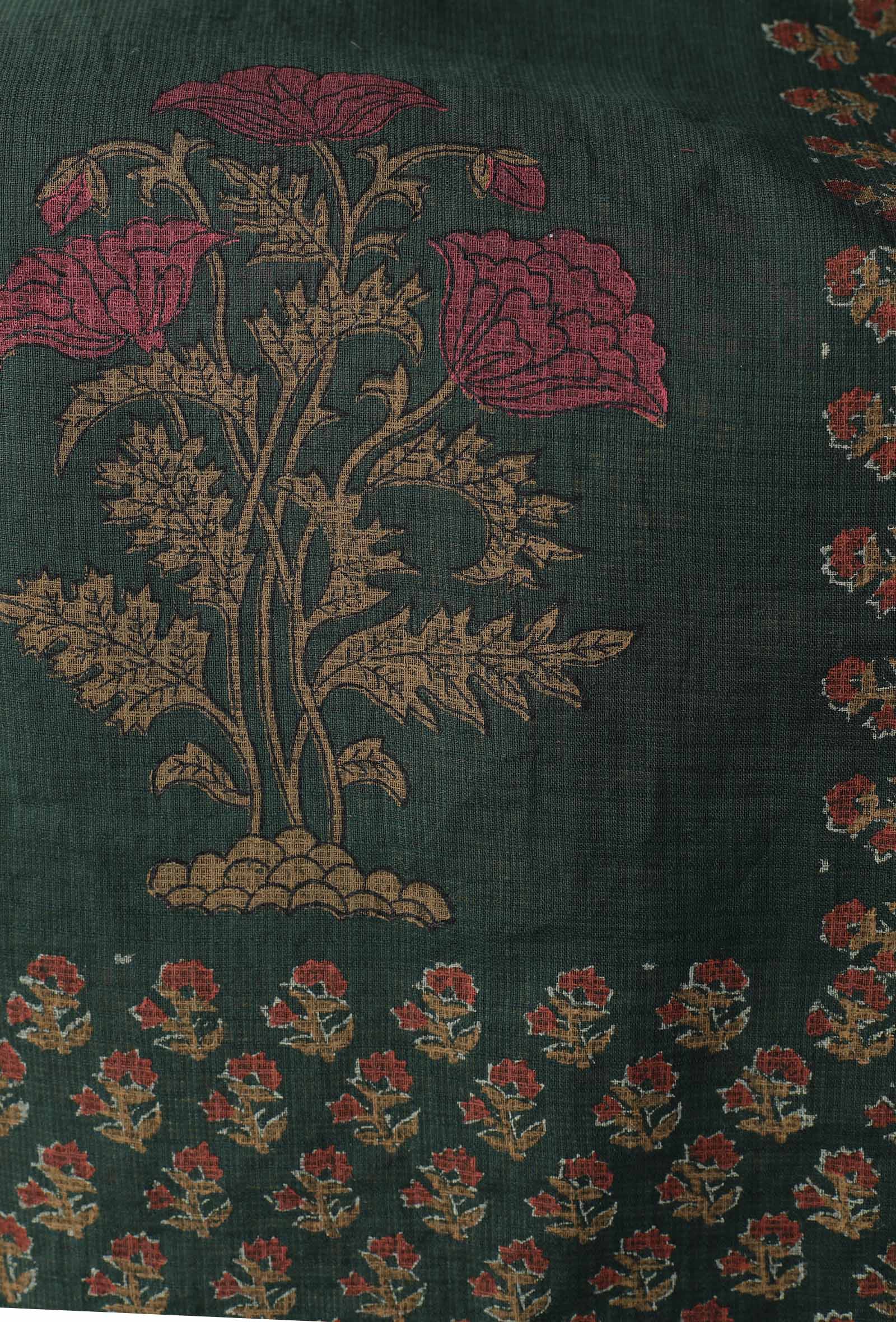 Irvin Bottle Green Floral Hand Block Printed Kota Dupatta