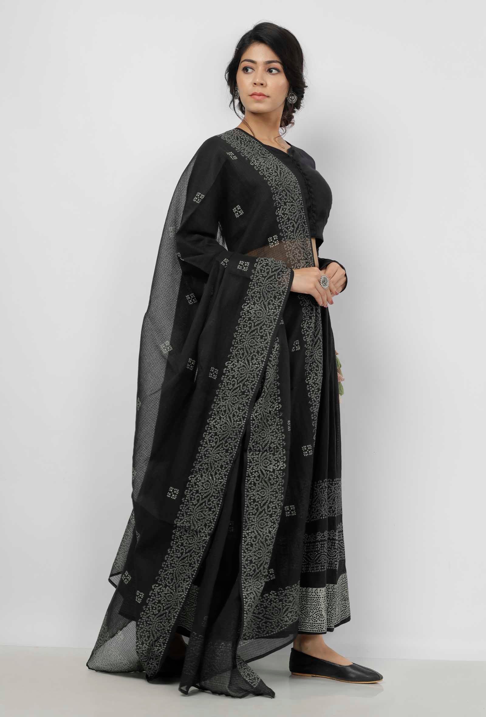 Black and White Buti Hand Block Printed Kota Dupatta