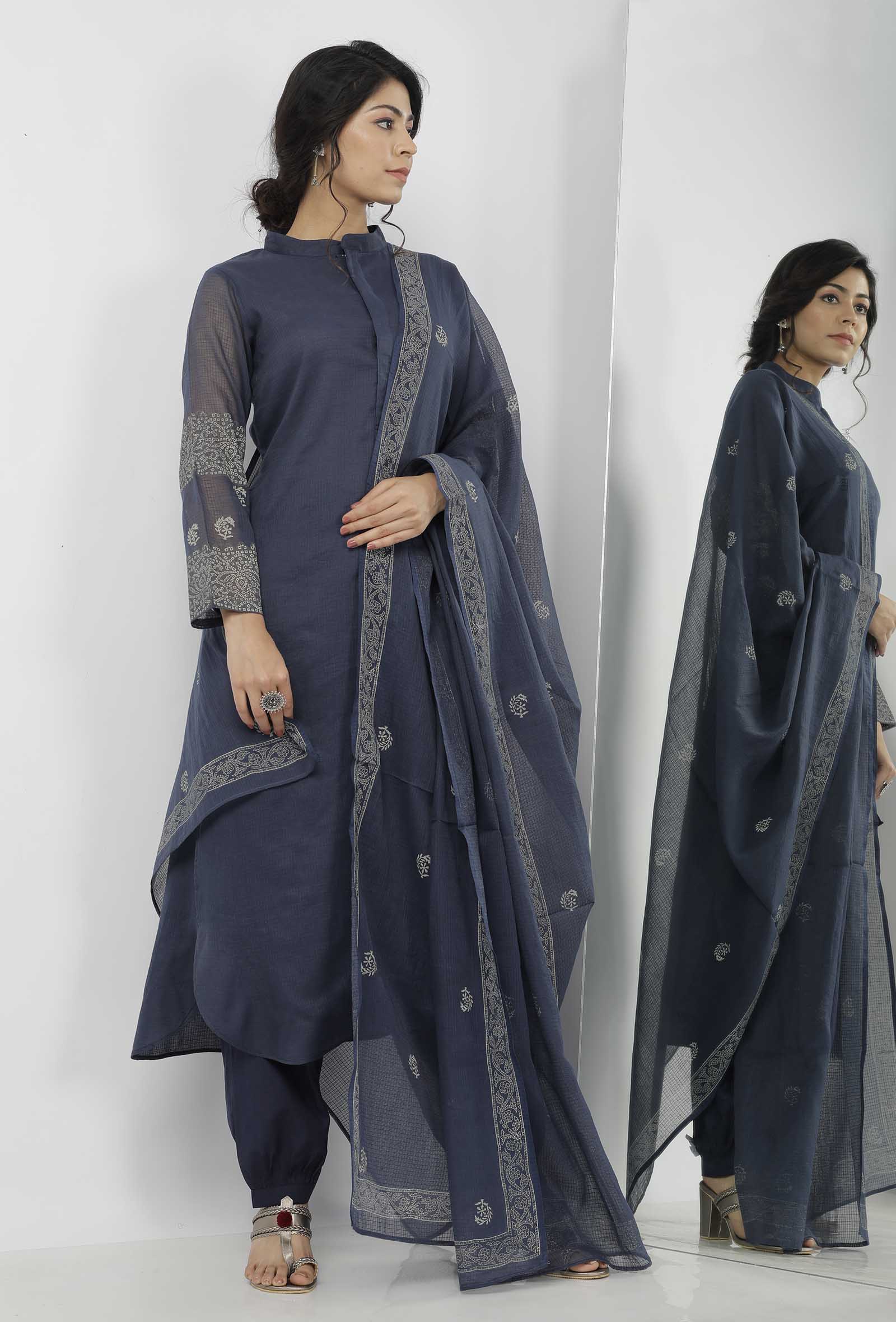 Aegean Blue Floral Butis Hand-Block Printed Kota Dupatta
