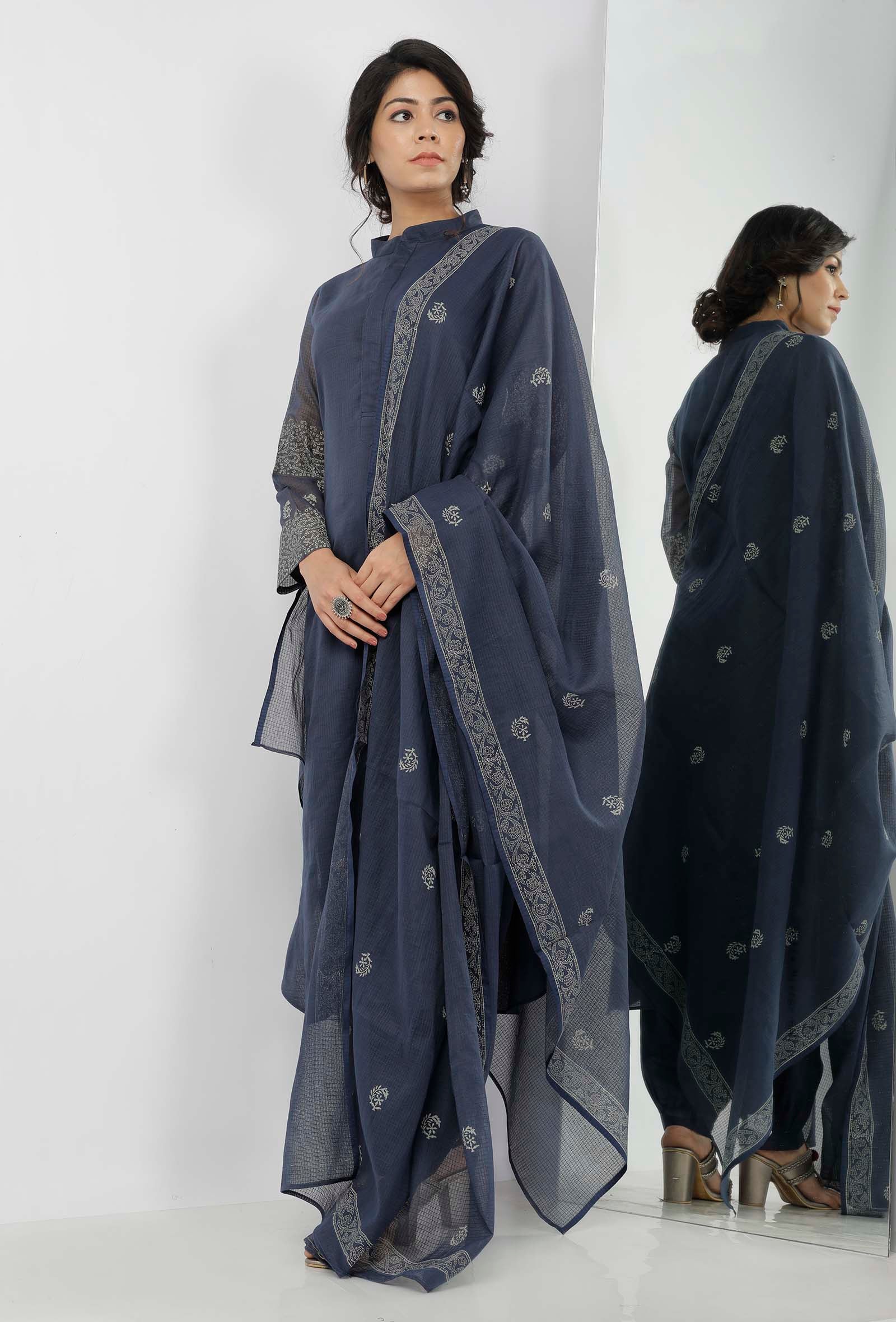 Aegean Blue Floral Butis Hand-Block Printed Kota Dupatta