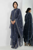 Aegean Blue Floral Butis Hand-Block Printed Kota Dupatta