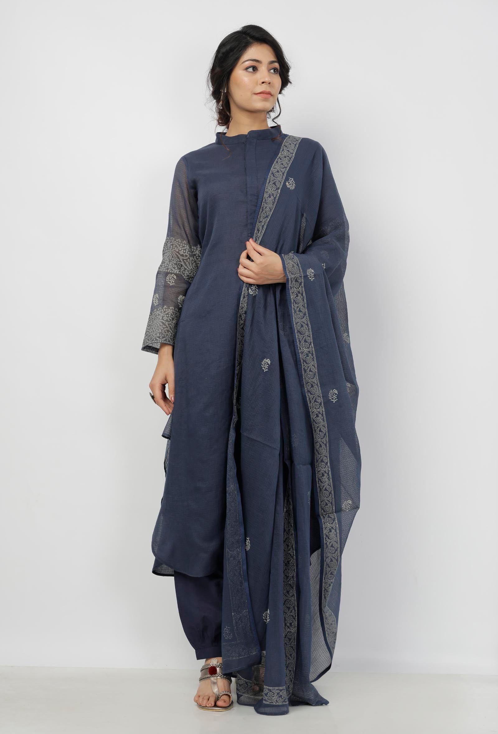 Aegean Blue Floral Butis Hand-Block Printed Kota Dupatta