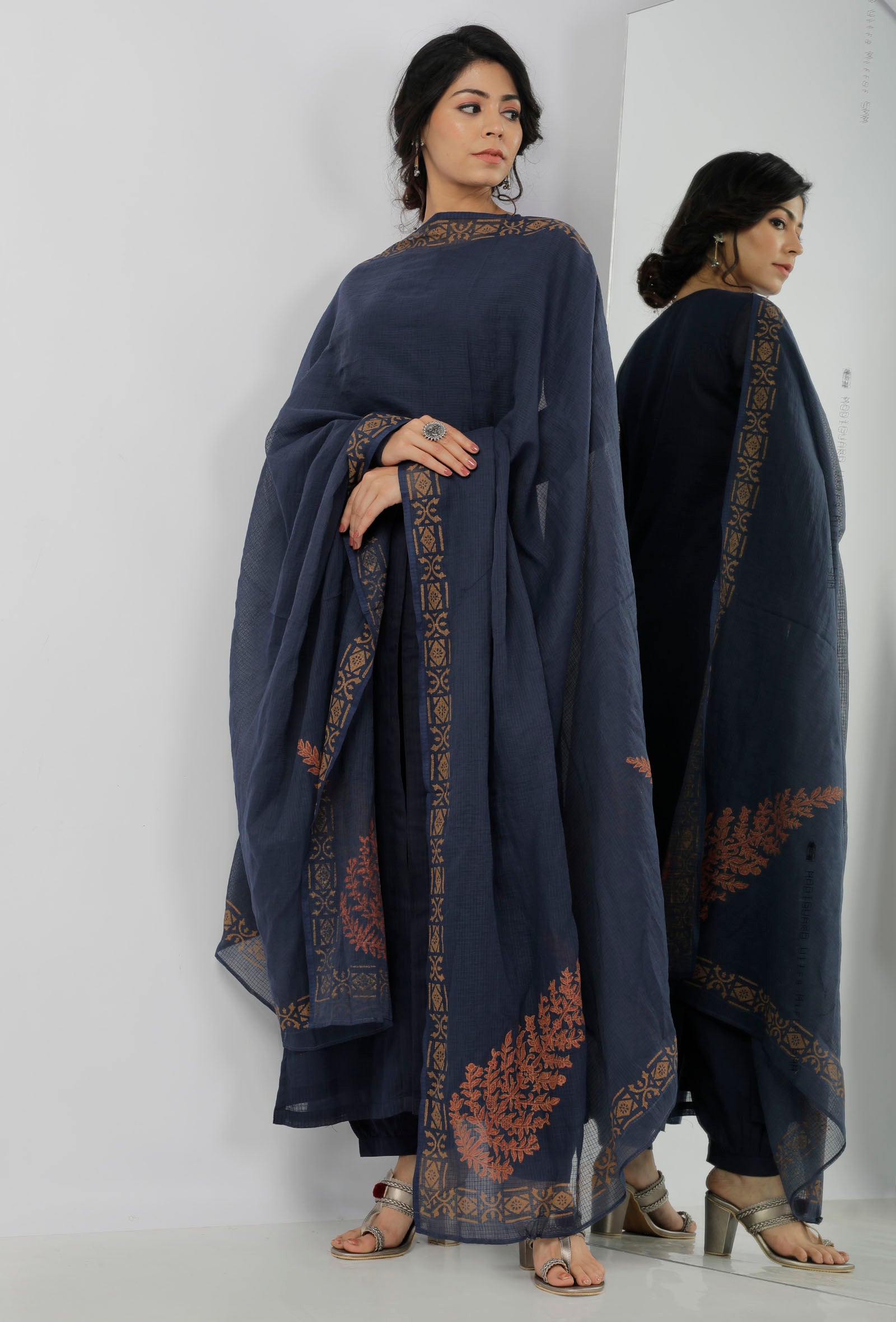 Aegean Blue with Beige Floral Hand-Block Printed Kota Dupatta