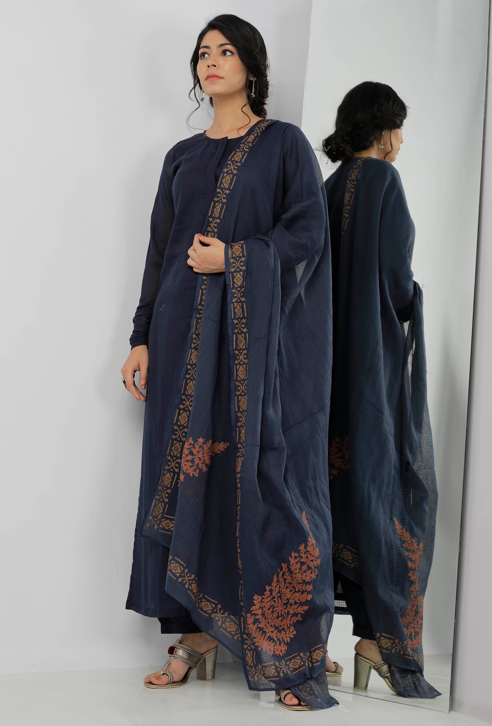 Aegean Blue with Beige Floral Hand-Block Printed Kota Dupatta