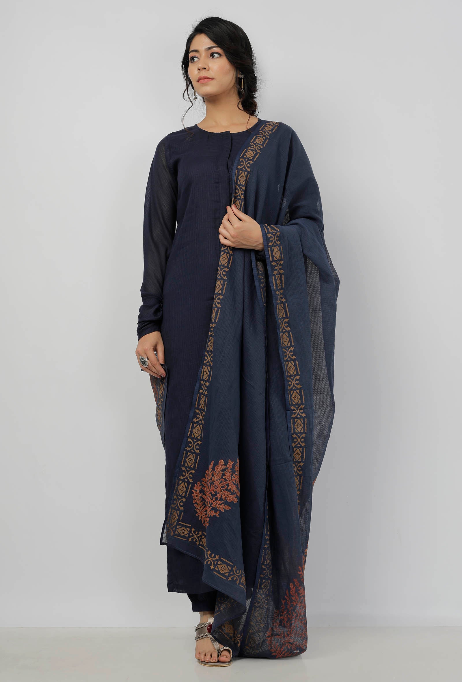 Aegean Blue with Beige Floral Hand-Block Printed Kota Dupatta