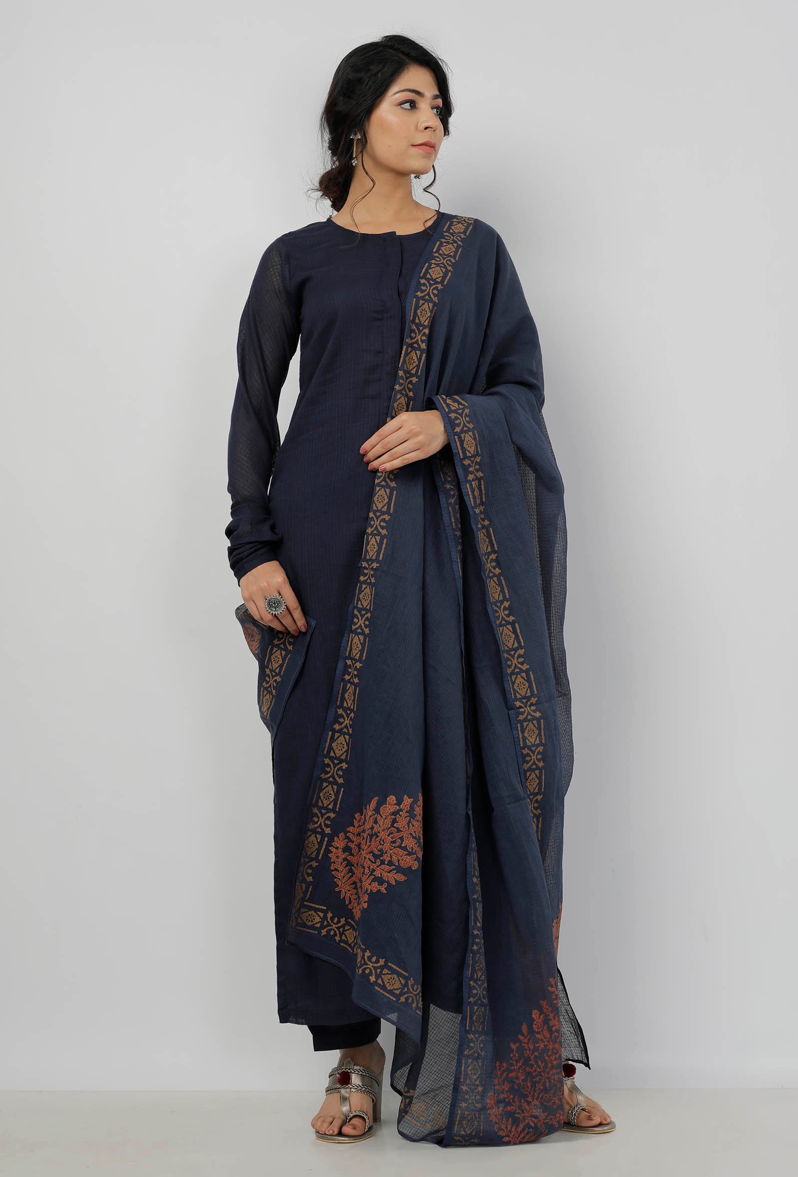 Aegean Blue with Beige Floral Hand-Block Printed Kota Dupatta
