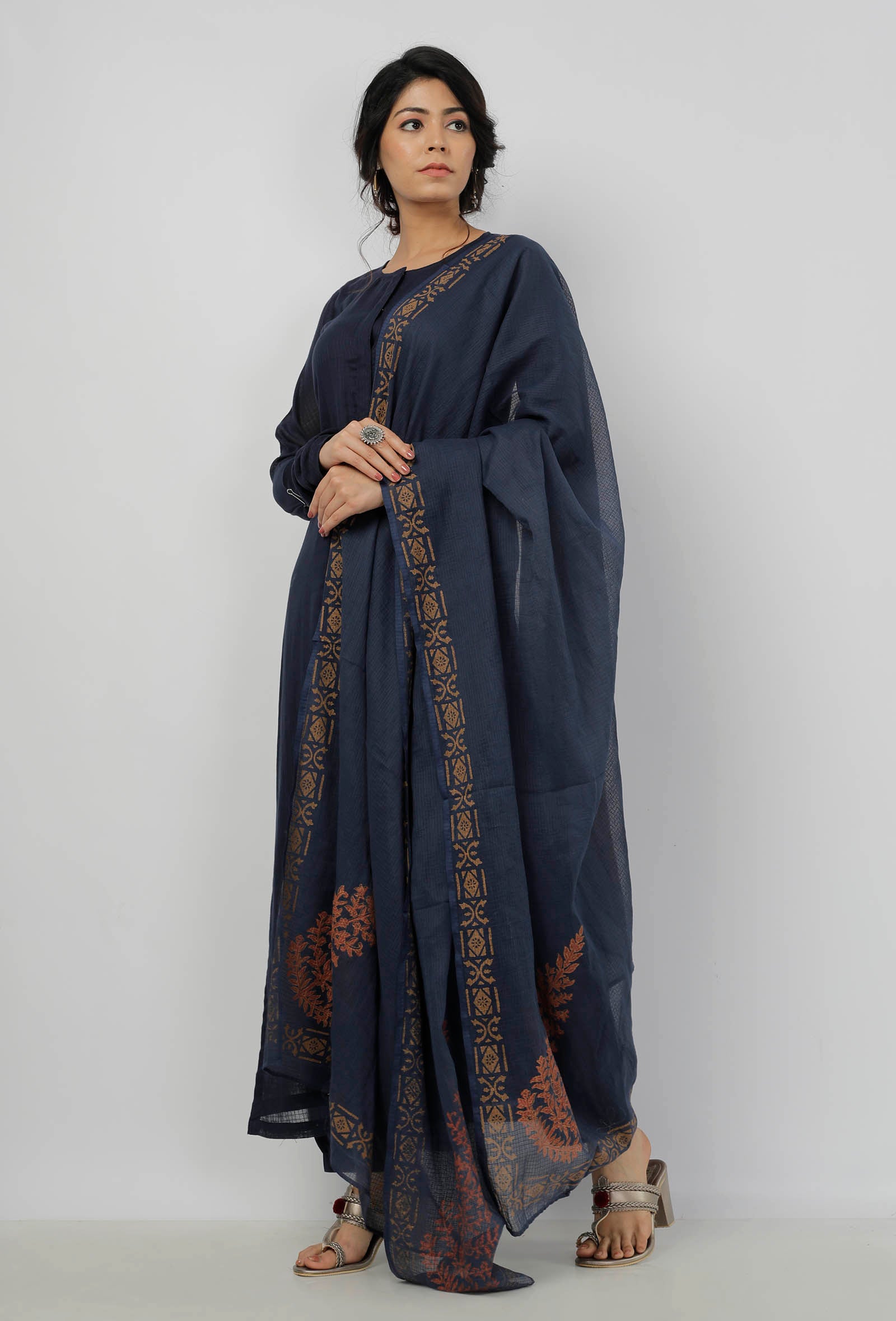 Aegean Blue with Beige Floral Hand-Block Printed Kota Dupatta