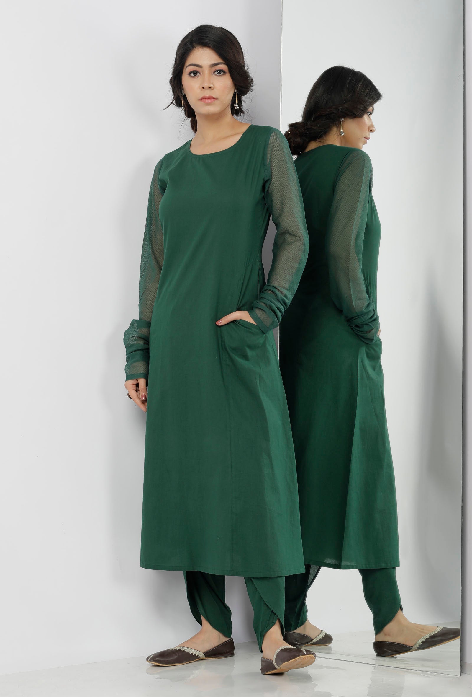 Irvin Bottle Green Round Neck Straight Fit Cotton and Kota Sleeves Plain Kurta
