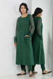 Irvin Bottle Green Round Neck Straight Fit Cotton and Kota Sleeves Plain Kurta