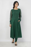 Irvin Bottle Green Round Neck Straight Fit Cotton and Kota Sleeves Plain Kurta