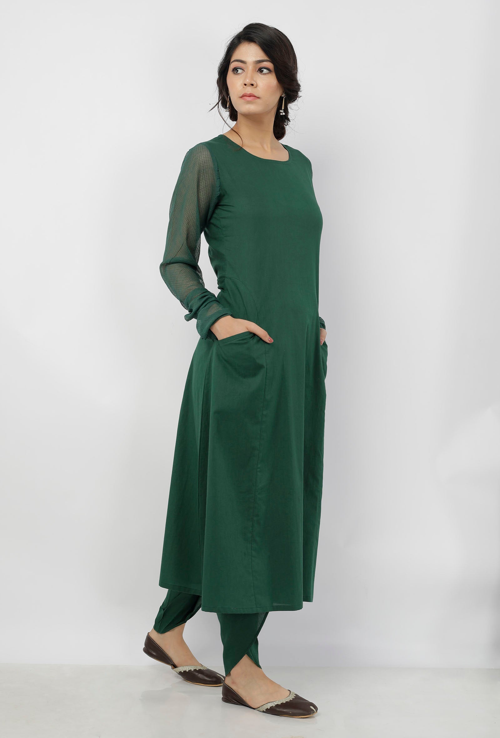 Irvin Bottle Green Round Neck Straight Fit Cotton and Kota Sleeves Plain Kurta