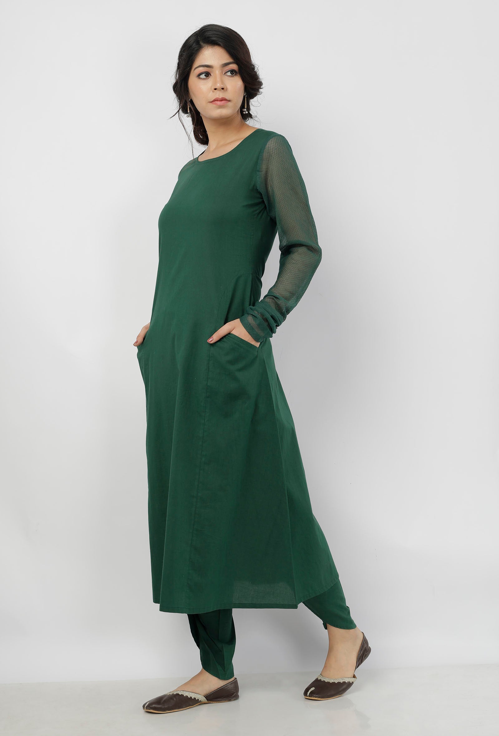 Irvin Bottle Green Round Neck Straight Fit Cotton and Kota Sleeves Plain Kurta