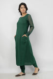 Irvin Bottle Green Round Neck Straight Fit Cotton and Kota Sleeves Plain Kurta