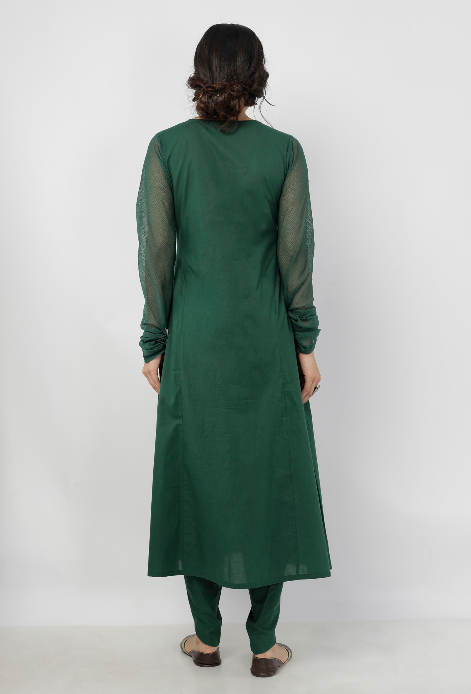 Irvin Bottle Green Round Neck Straight Fit Cotton and Kota Sleeves Plain Kurta