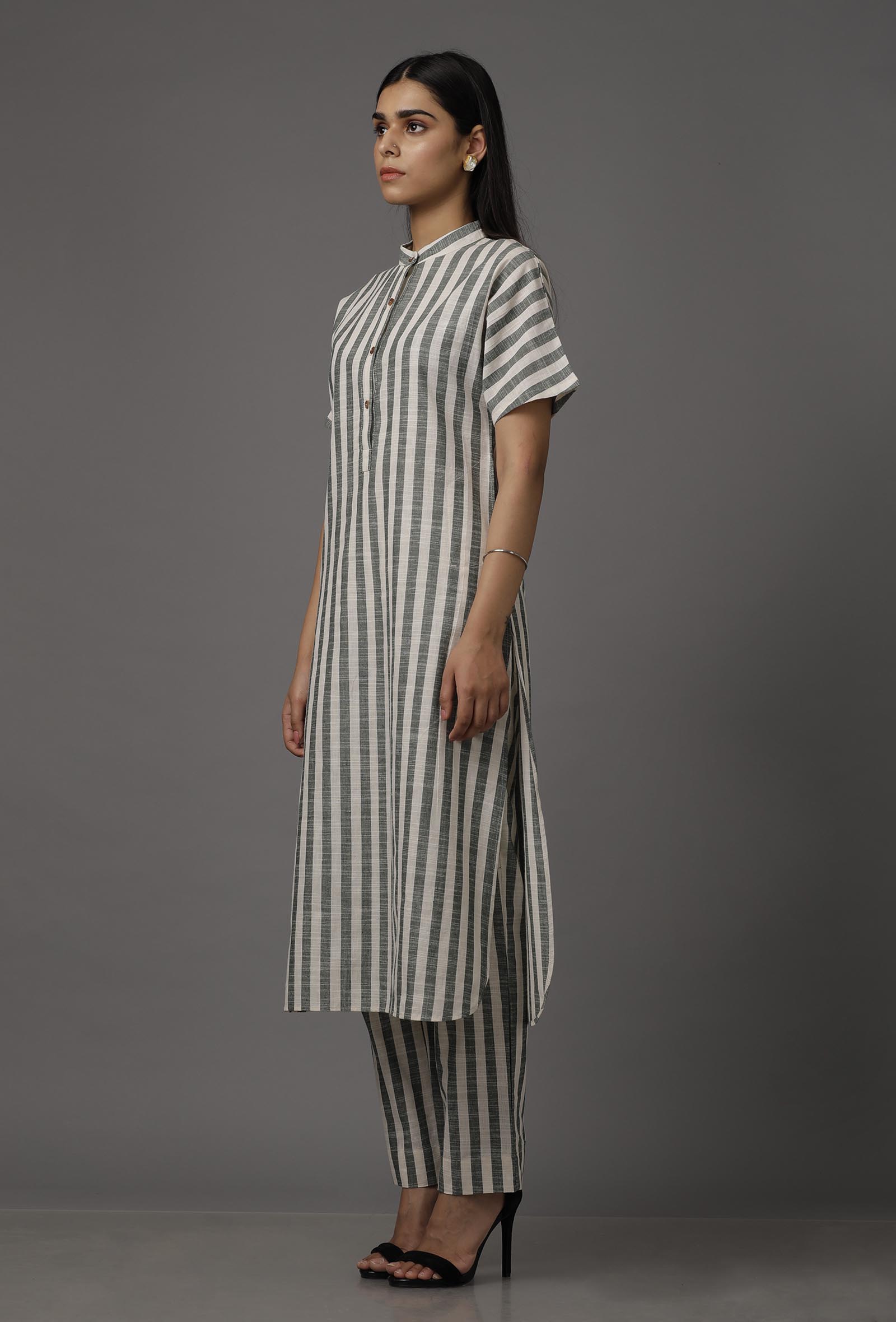 Green and White Stripes Pure Woven Cotton Kurta