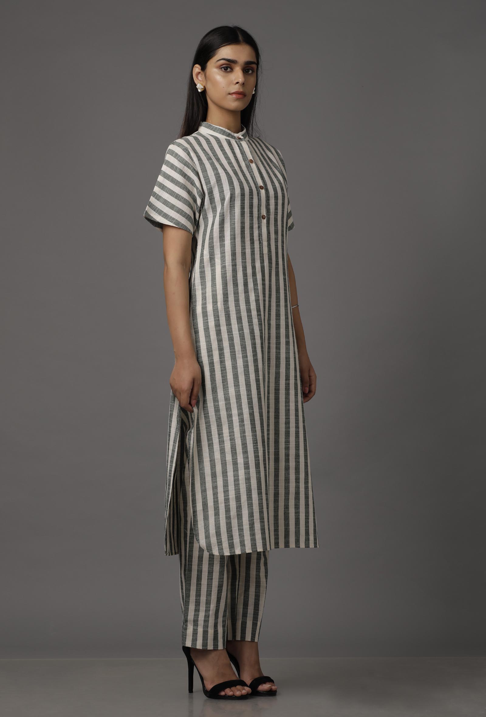 Green and White Stripes Pure Woven Cotton Kurta