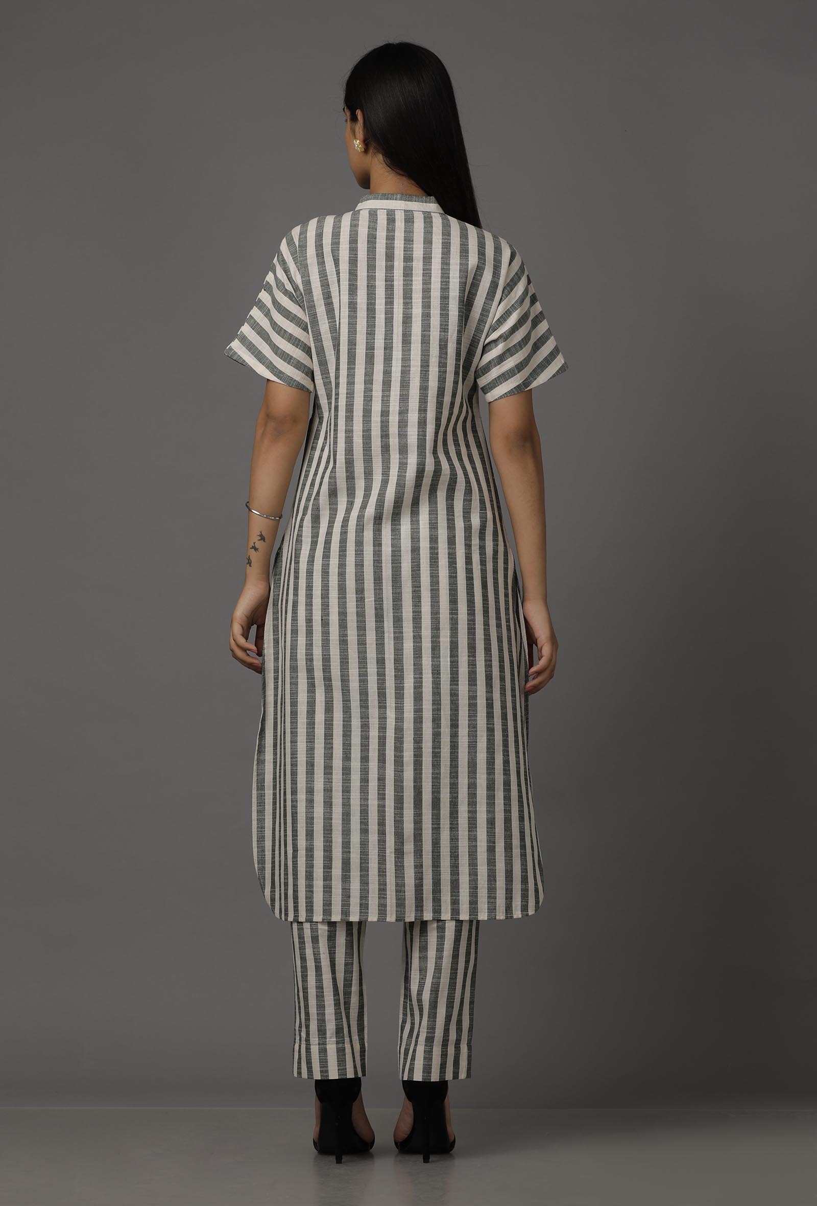 Green and White Stripes Pure Woven Cotton Kurta
