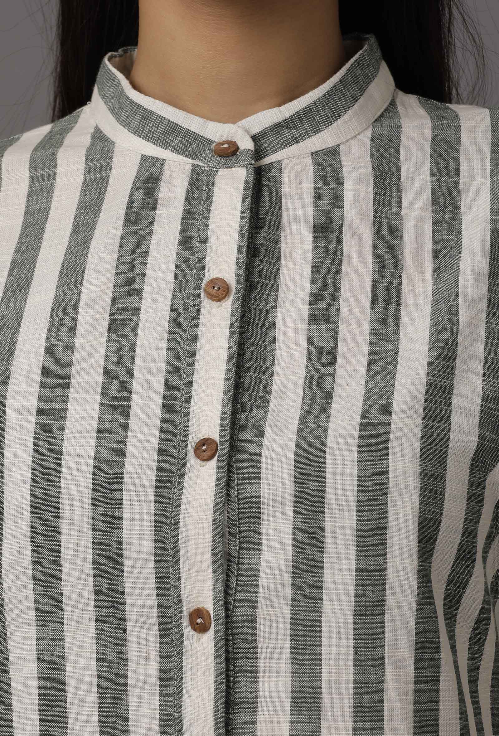 Green and White Stripes Pure Woven Cotton Kurta