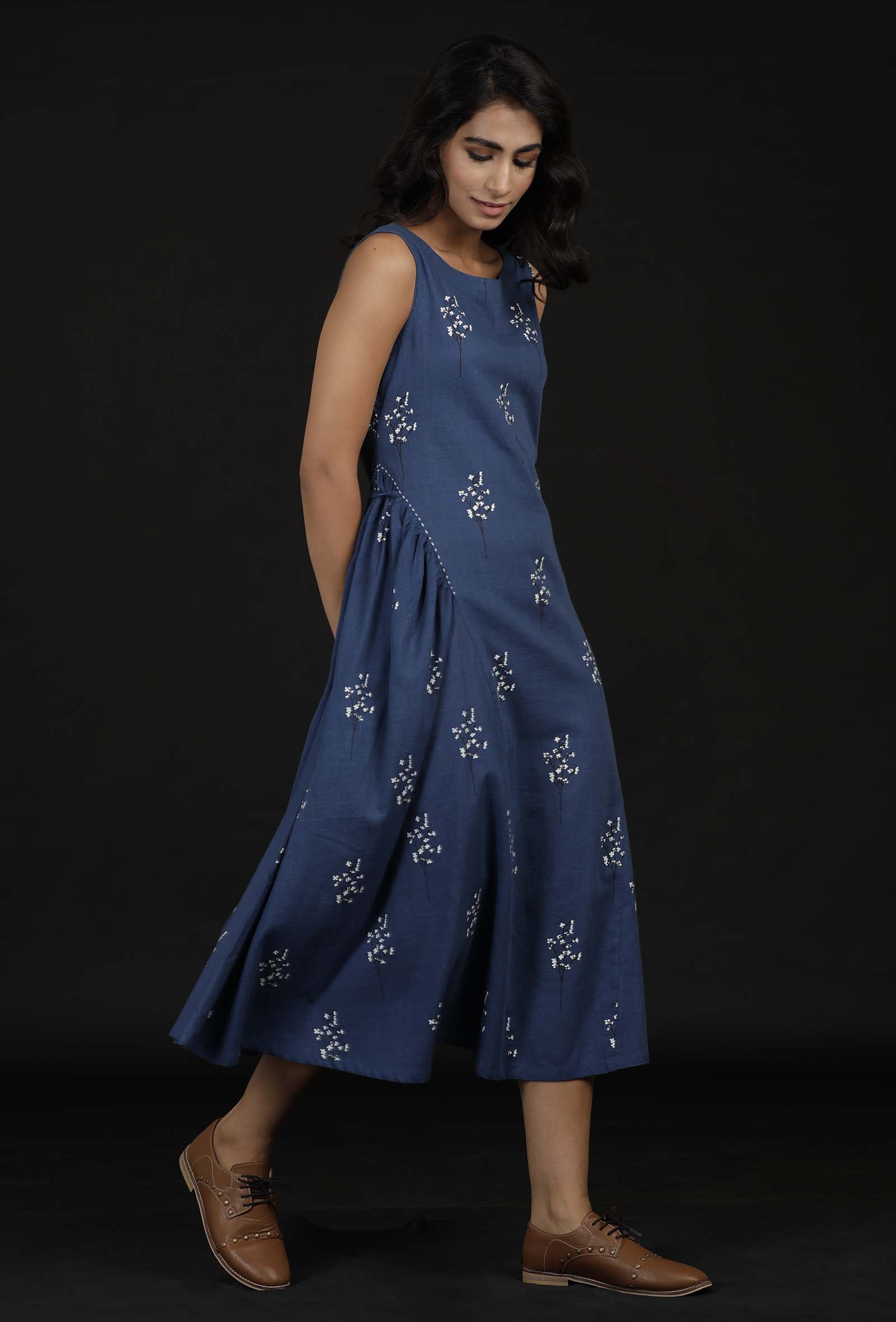 Azure Blue Block Print Cut Sleeves Cotton Dress