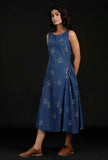 Azure Blue Block Print Cut Sleeves Cotton Dress