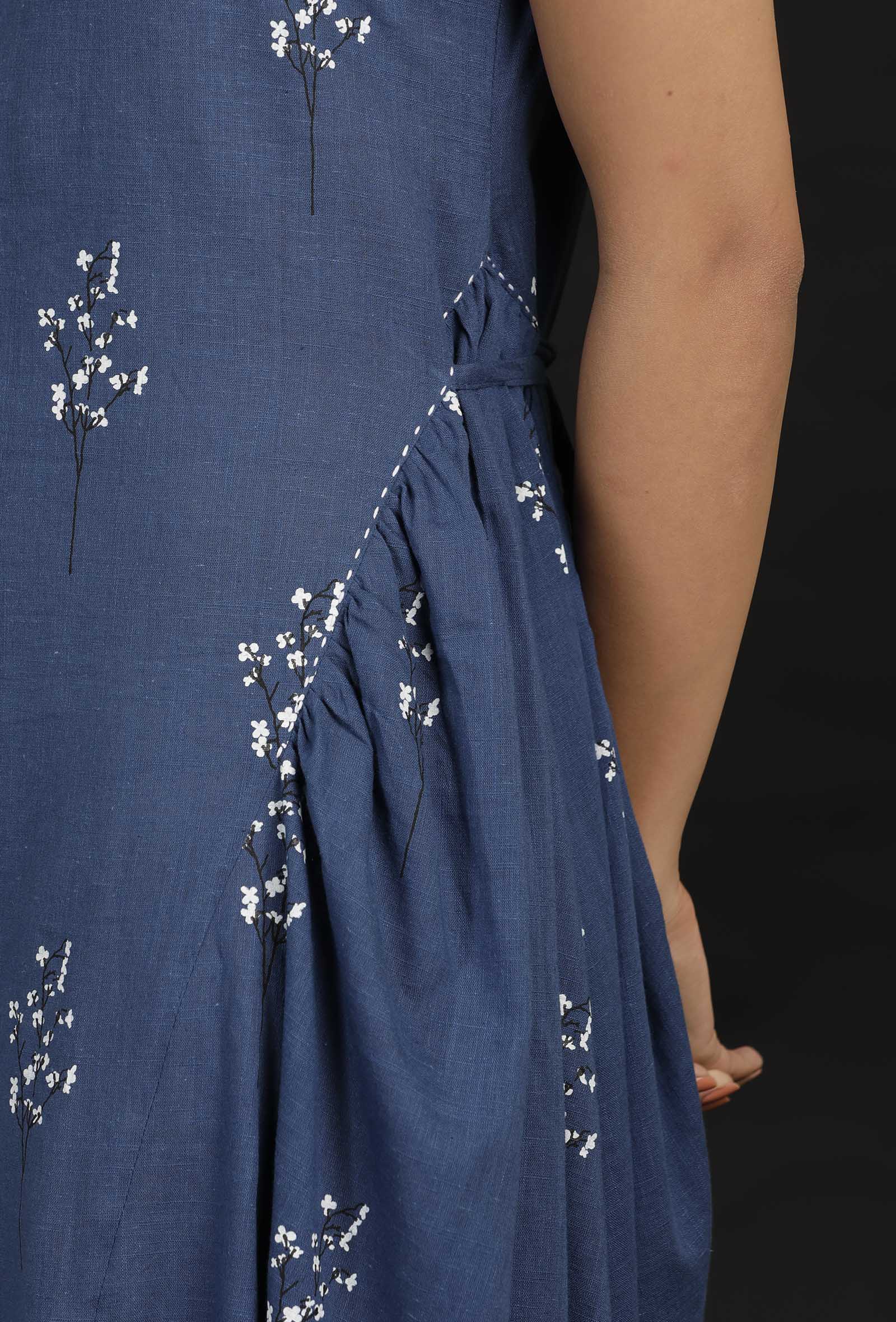 Azure Blue Block Print Cut Sleeves Cotton Dress