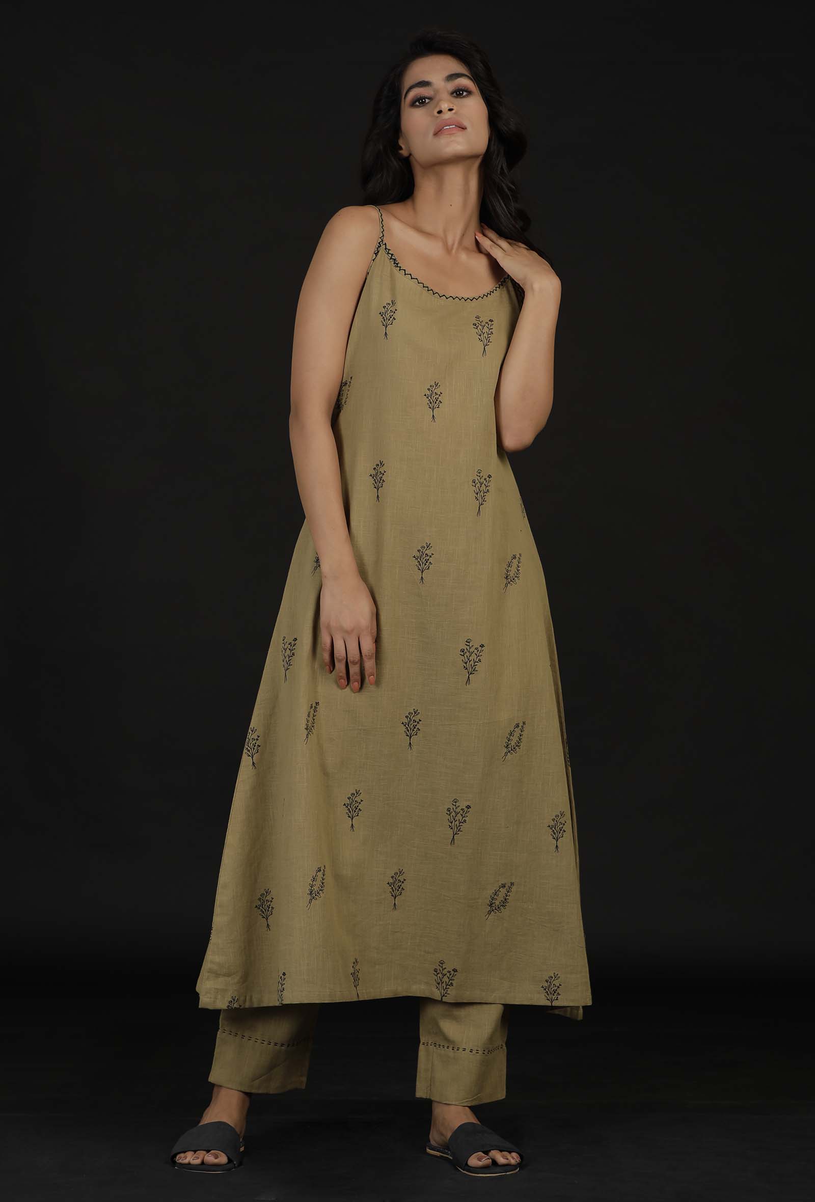 Set of 2: Okra Beige Handblock Slip and Pallazo