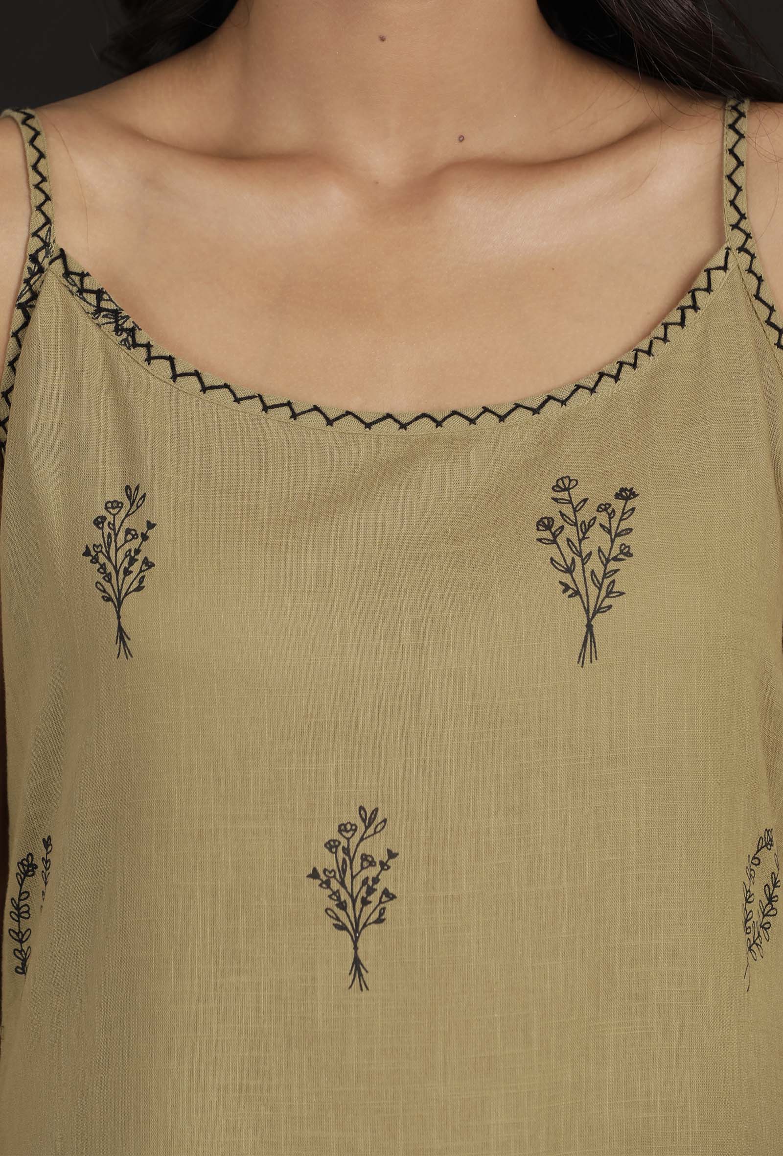 Set of 2: Okra Beige Handblock Slip and Pallazo