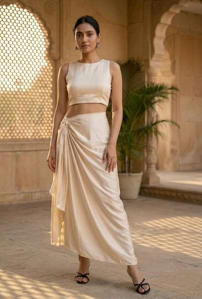Off white Stitched Drape Satin Skirt – TJORI