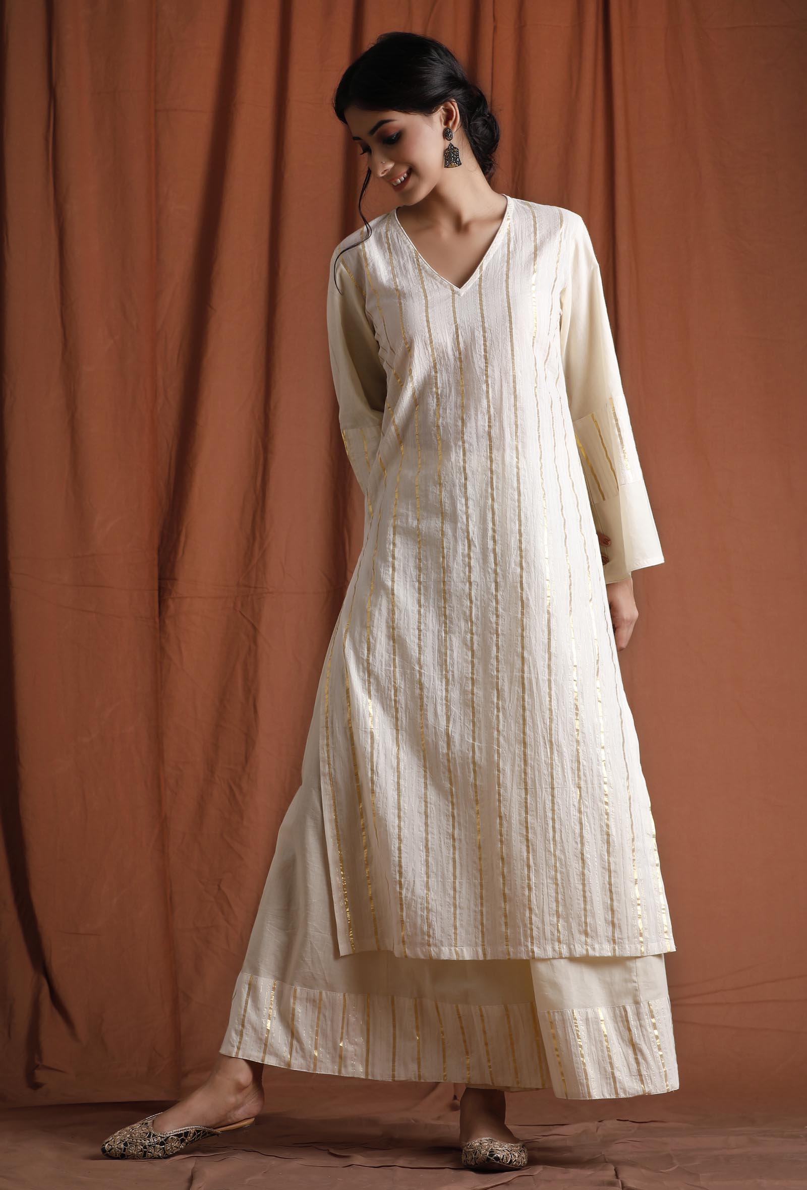 Set of 2: Off White and Golden Kurta with Palazzo