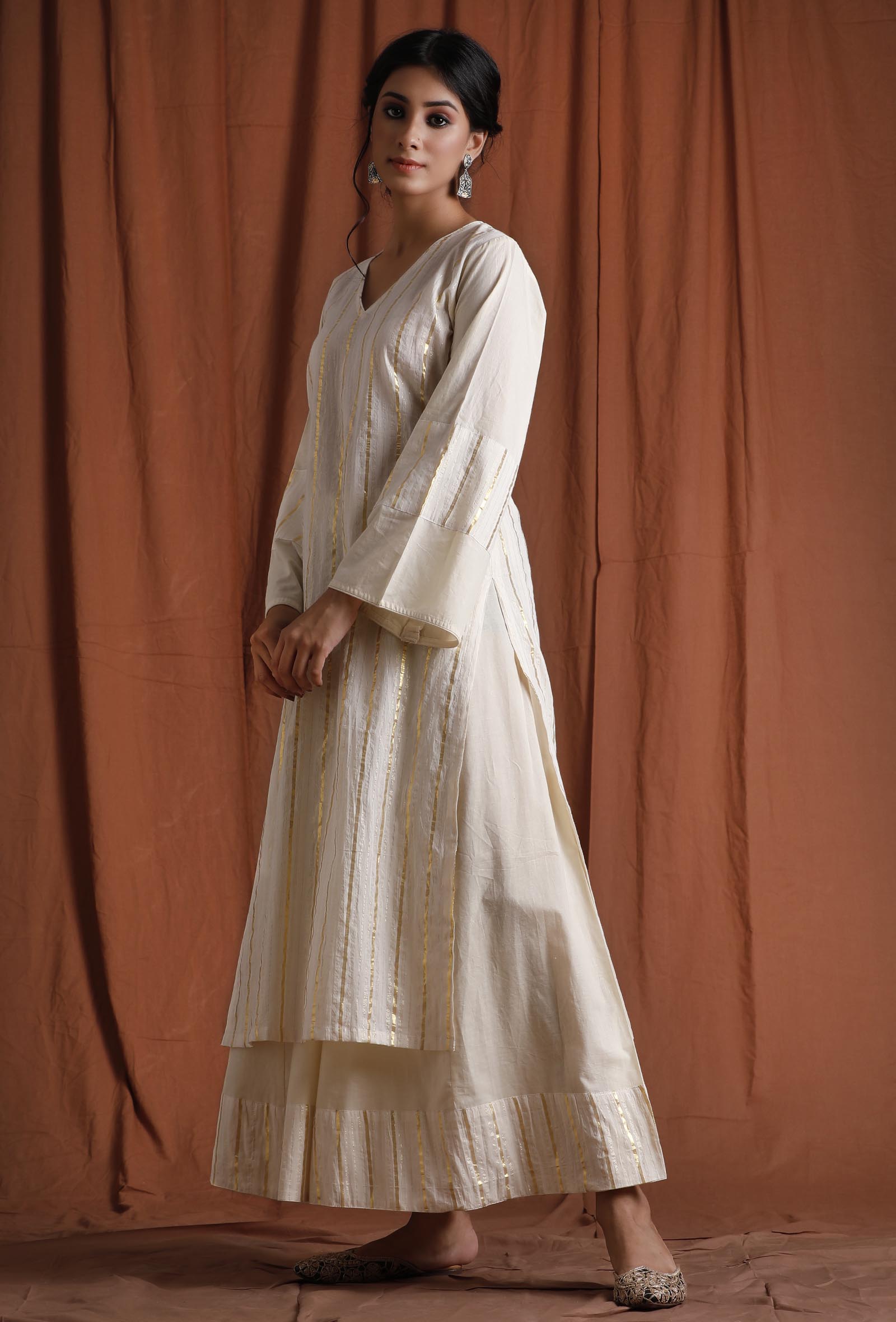 Set of 2: Off White and Golden Kurta with Palazzo