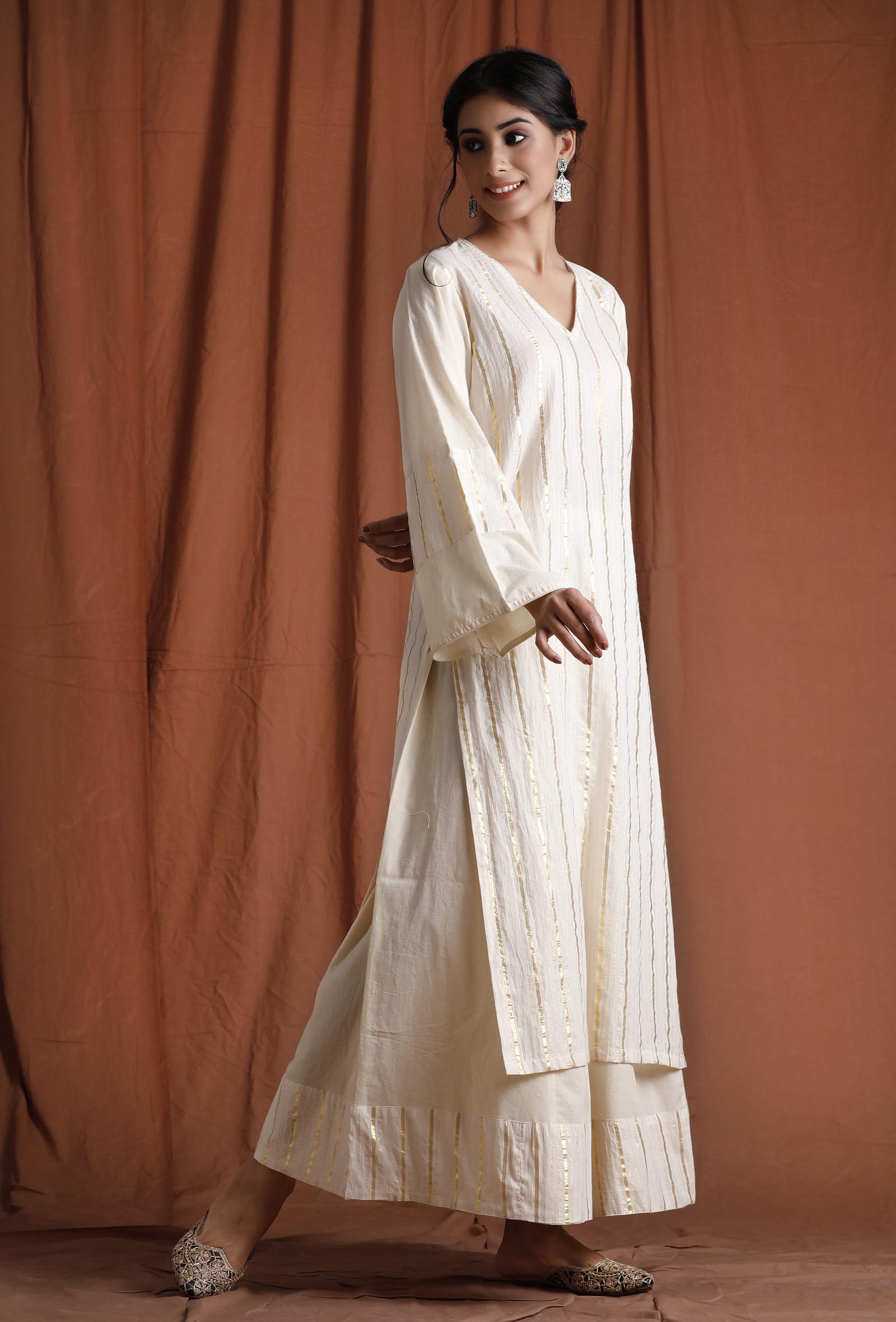 Set of 2: Off White and Golden Kurta with Palazzo
