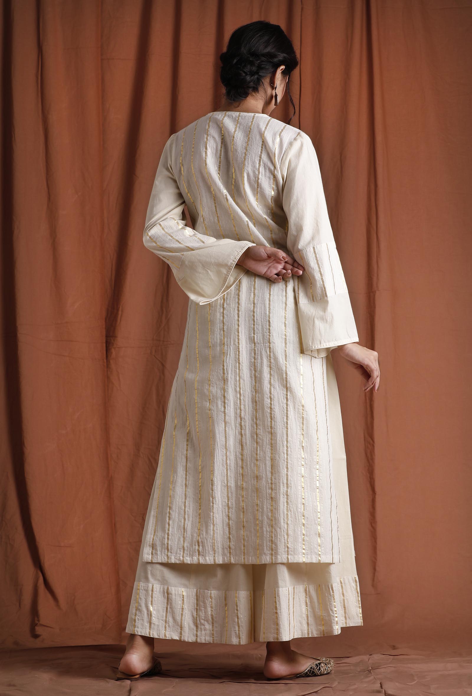 Set of 2: Off White and Golden Kurta with Palazzo