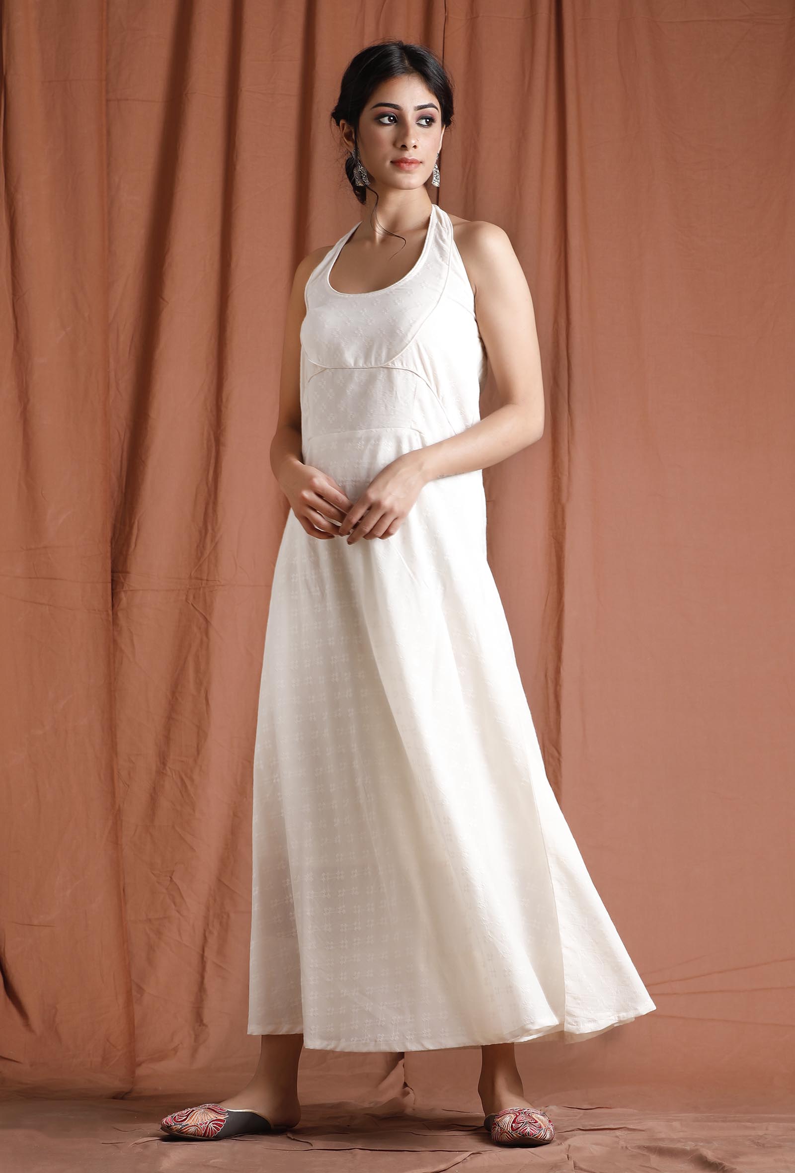 Off White Halter Neck Cotton Dress
