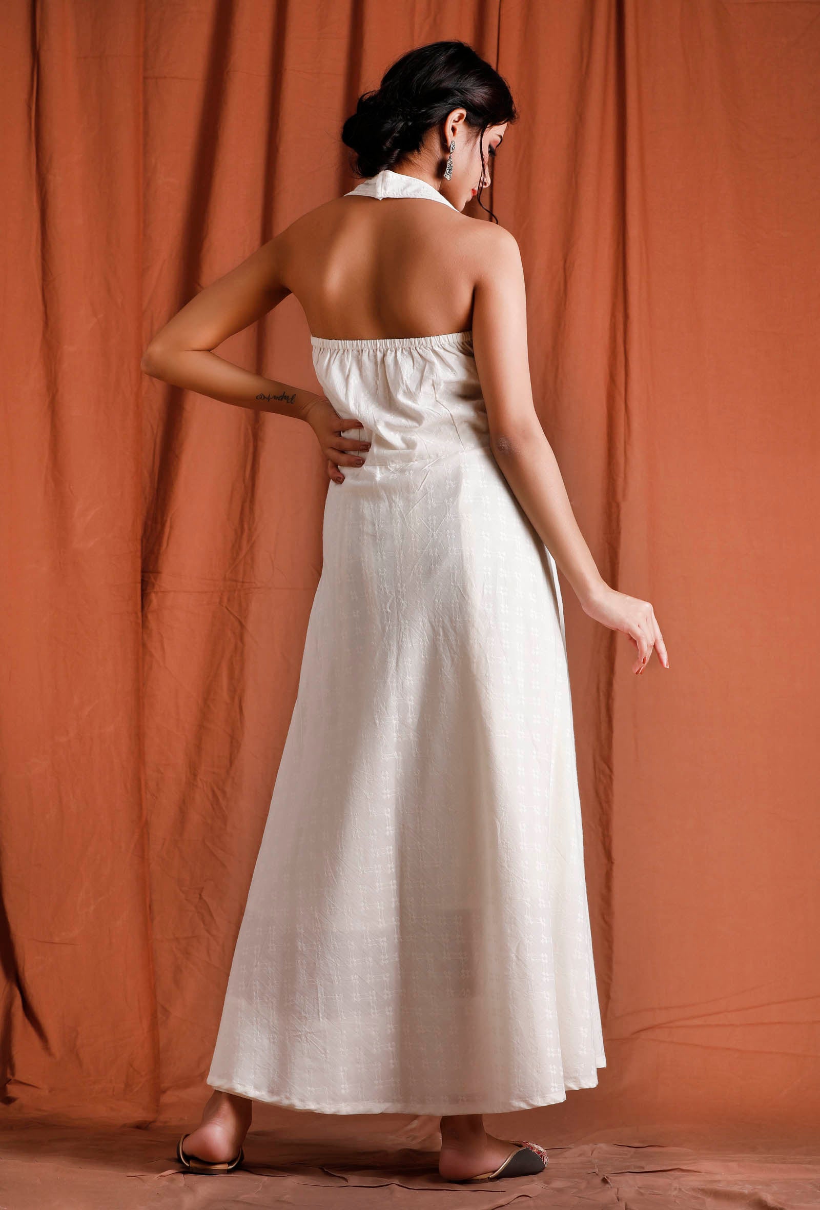 Off White Halter Neck Cotton Dress