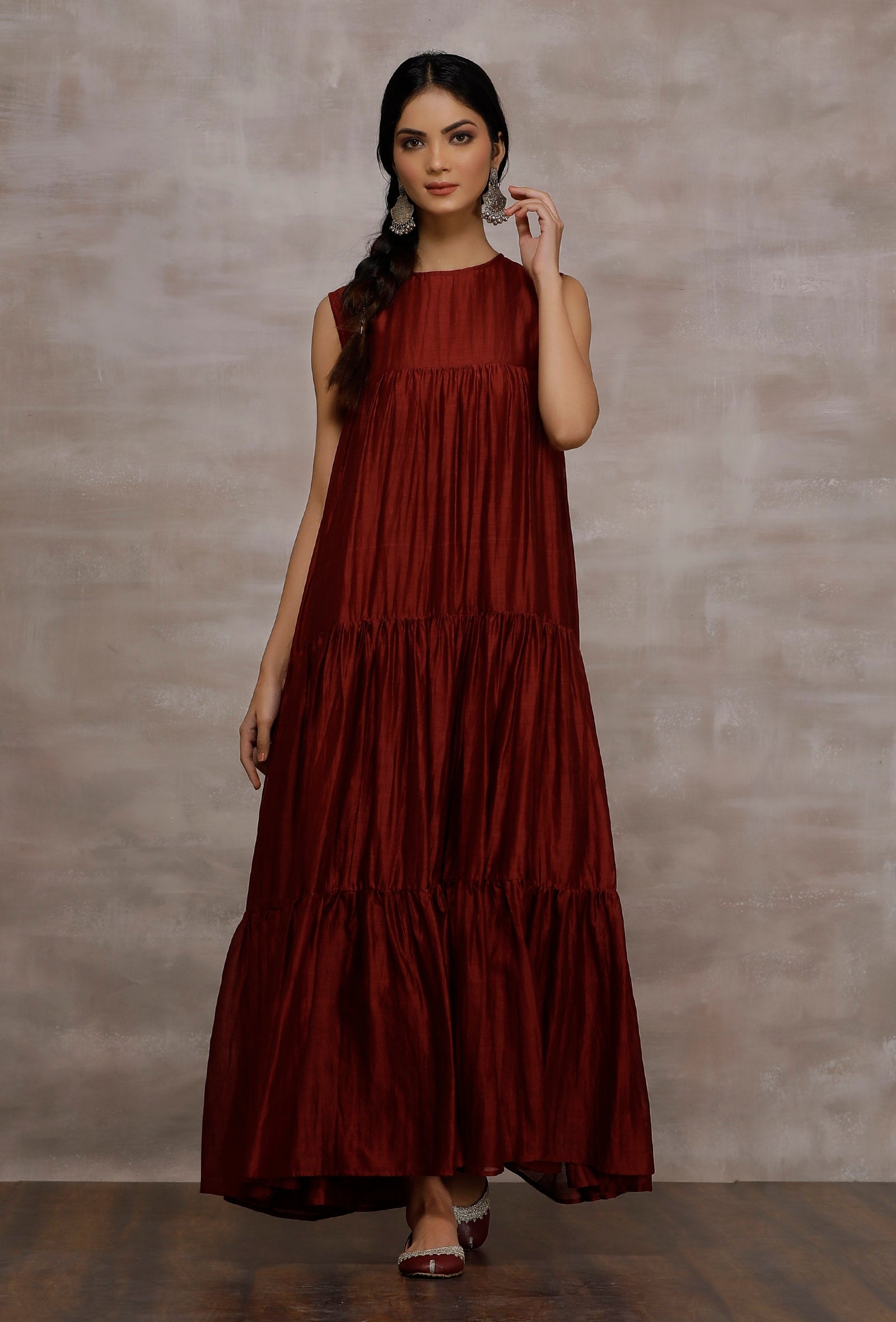 Insha Maroon Chanderi Tier Long Dress