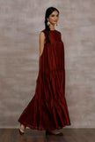 Insha Maroon Chanderi Tier Long Dress