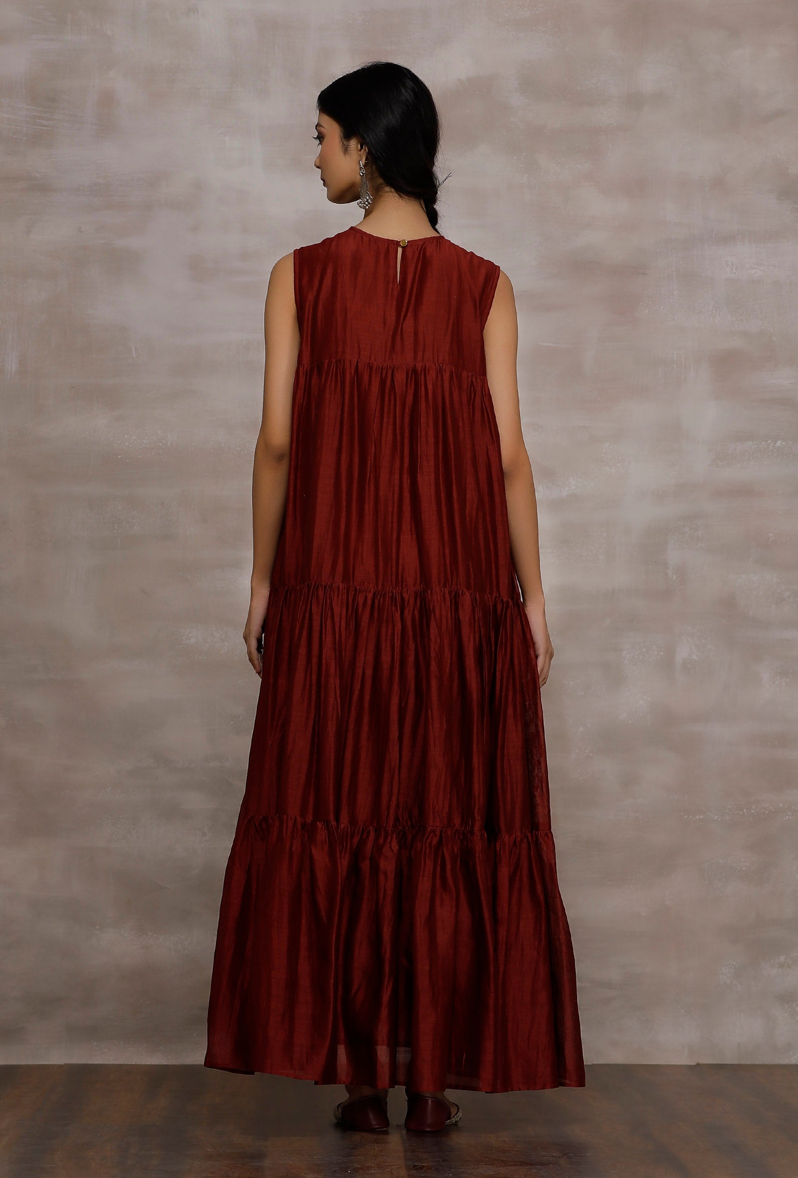 Insha Maroon Chanderi Tier Long Dress